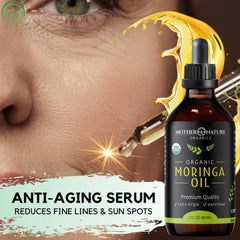 Mother Nature Organics Moringa Oil ingredients bottle—highlights vitamins A, C, E and nutrients.