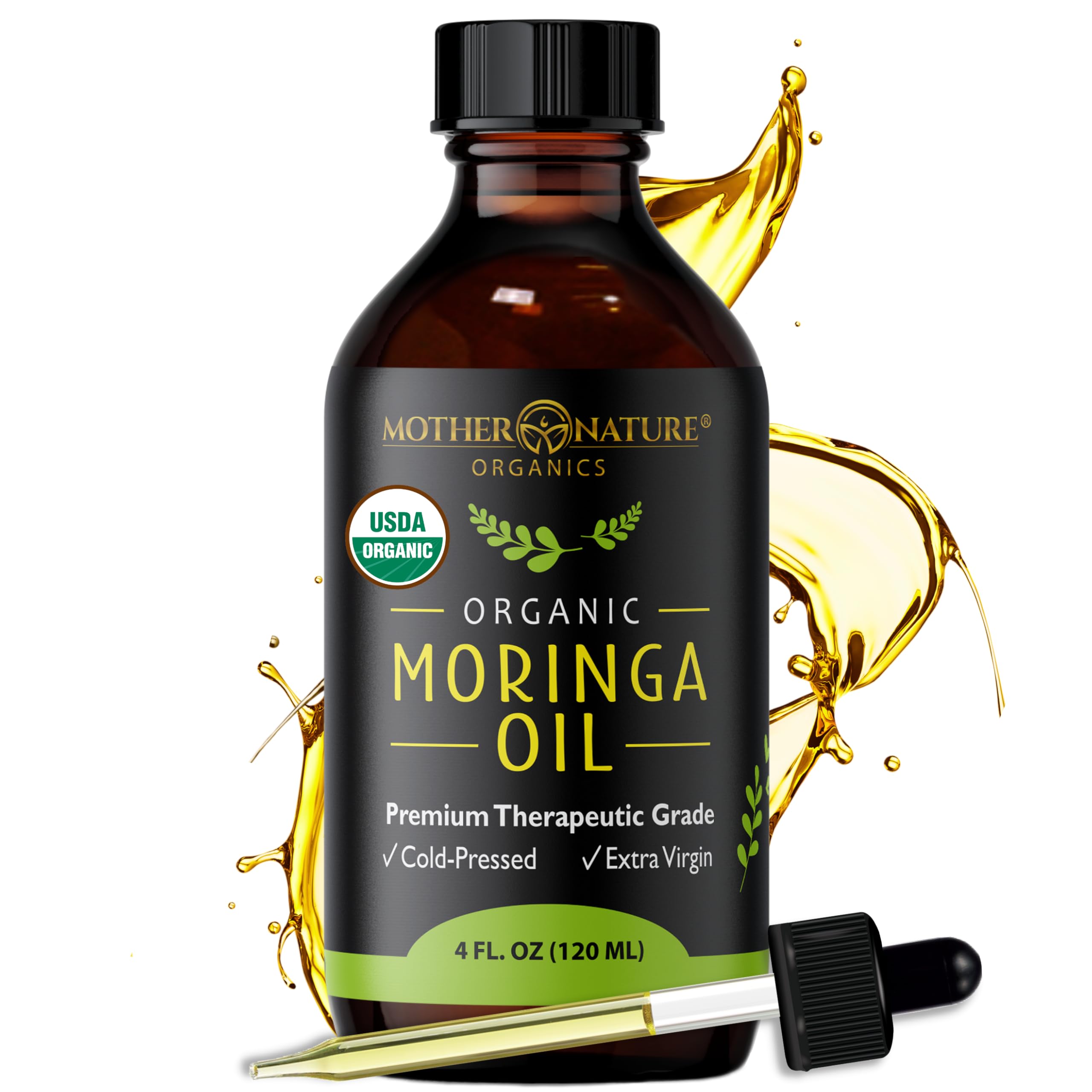 Mother Nature Organics moringa seed oil bottle closeup for skin hydration and glow.