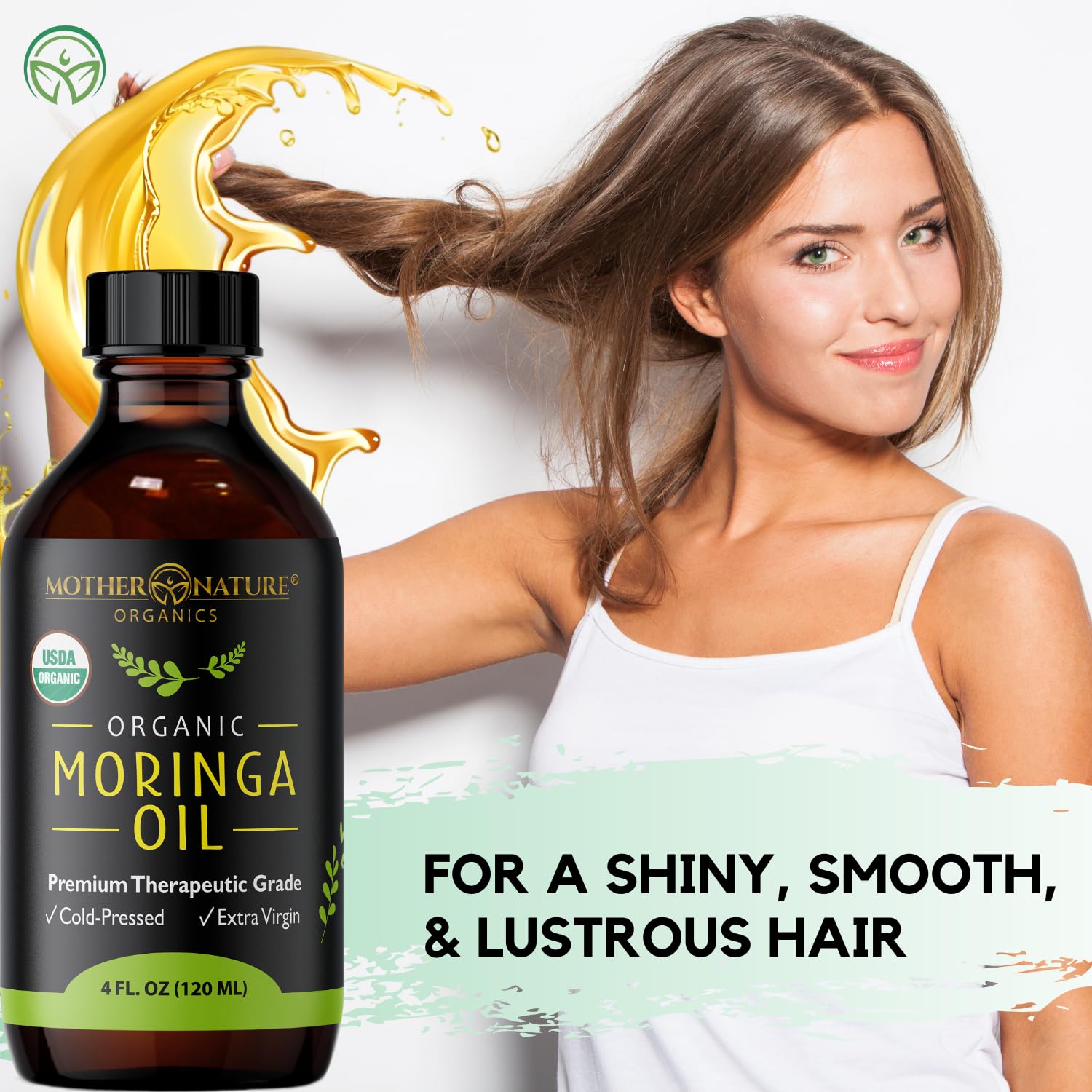 Mother Nature Organics moringa oil on skin application suggesting gentle daily use.