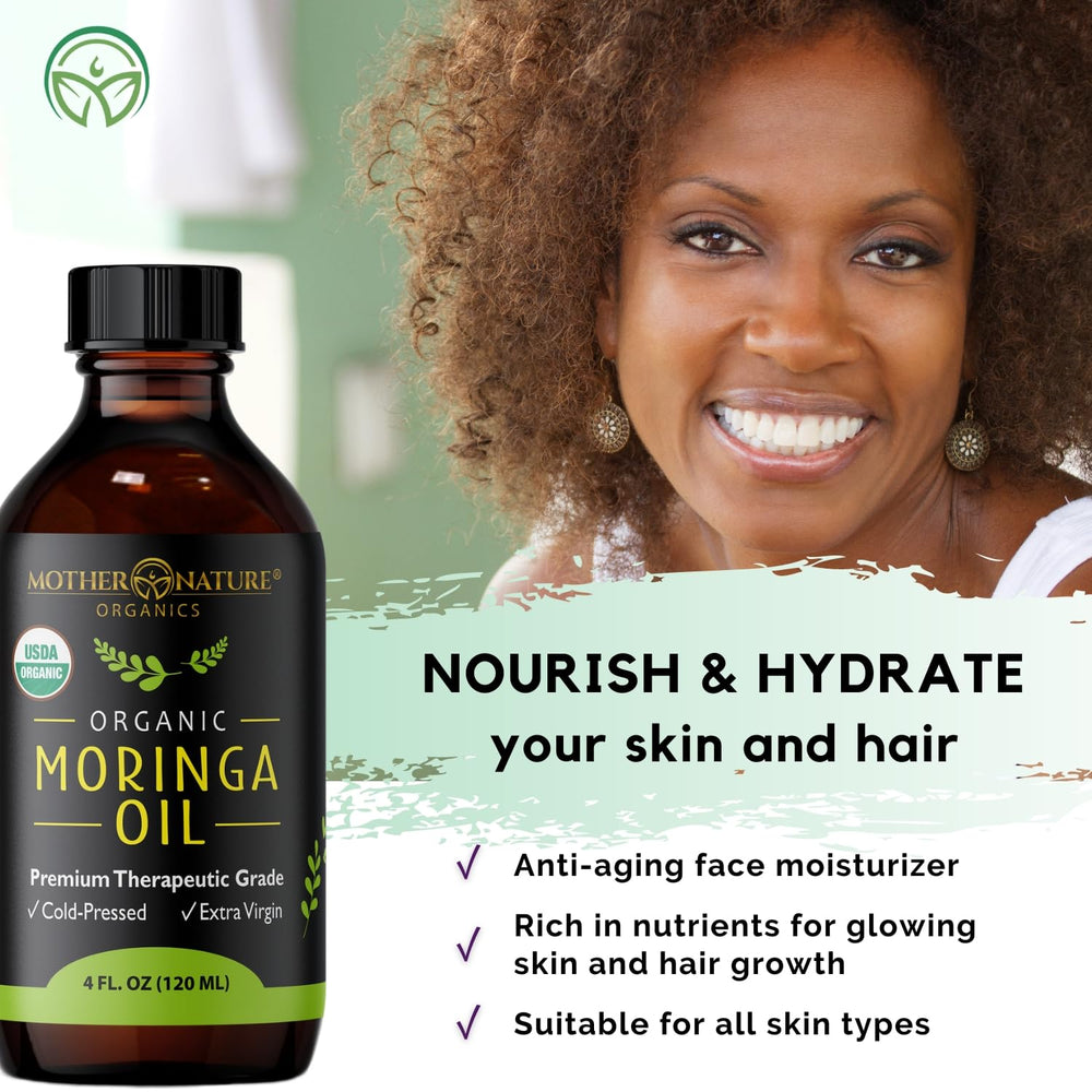 Mother Nature Organics moringa oil for hair care as a lightweight shine boost.