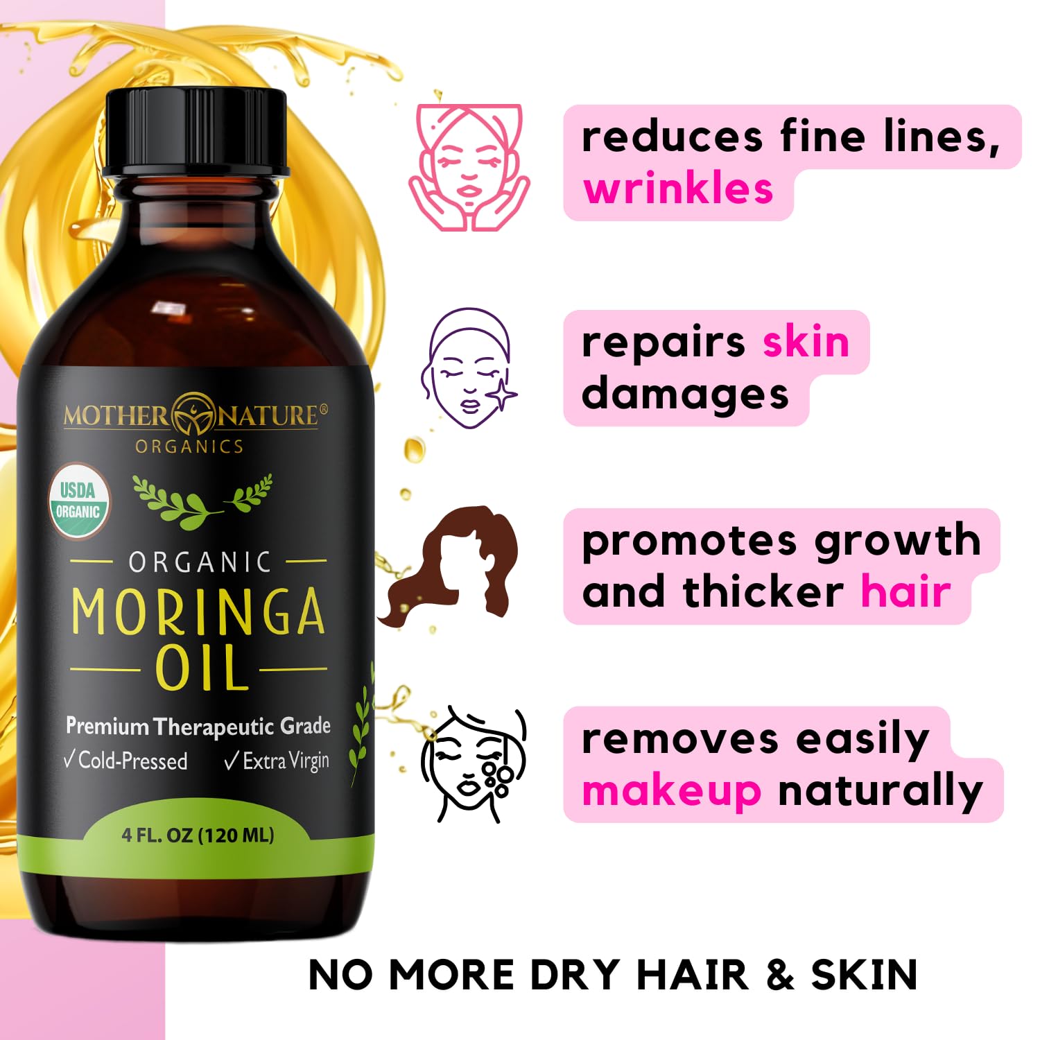 Mother Nature Organics moringa oil ingredients non-gmo label closeup.