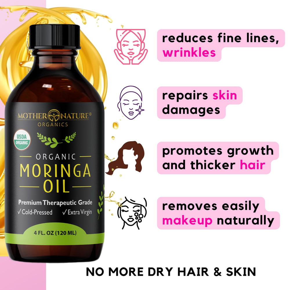 Mother Nature Organics moringa oil ingredients non-gmo label closeup.