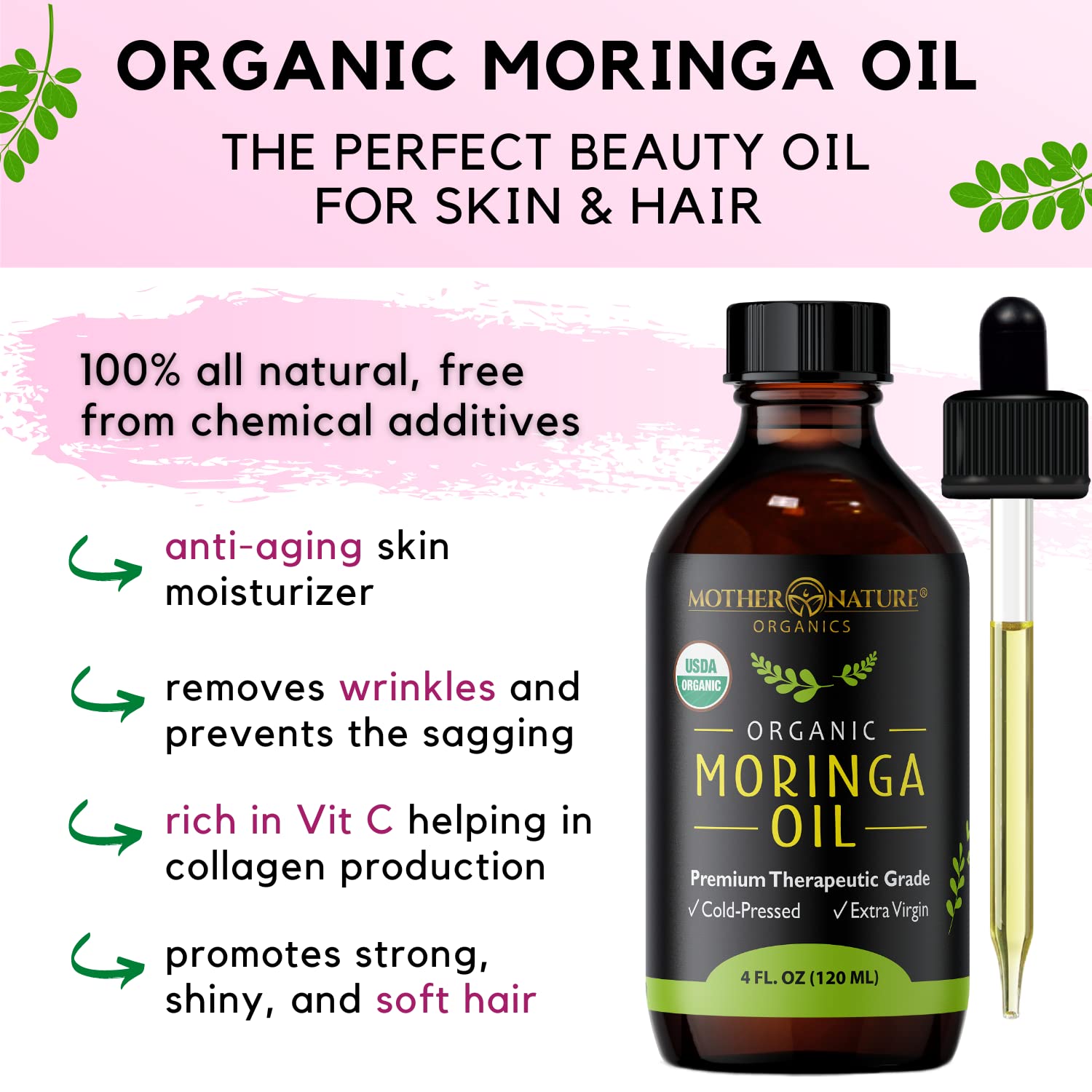 Mother Nature Organics moringa oil organic certification badge and bottle.