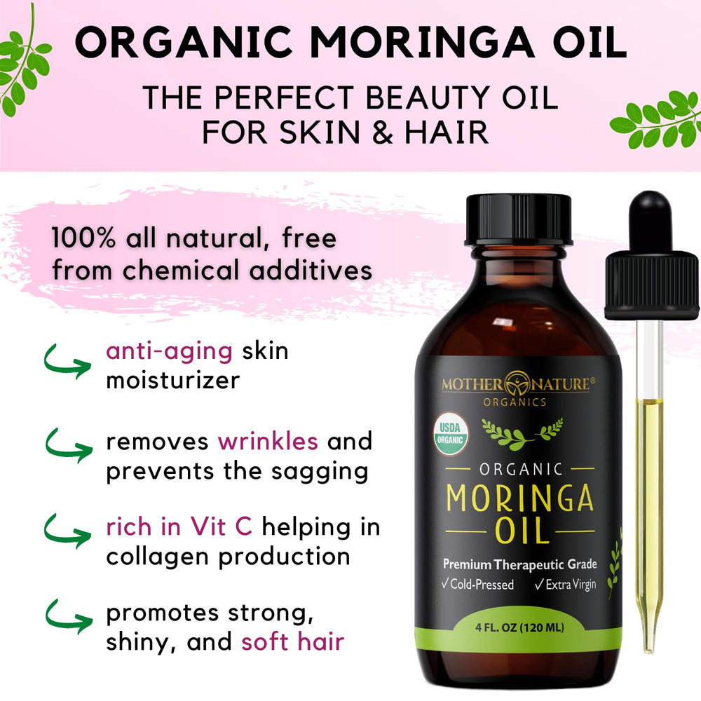 Mother Nature Organics moringa oil organic certification badge and bottle.