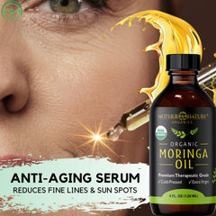 Mother Nature Organics moringa oil pouring shot highlighting quick-absorb face care.