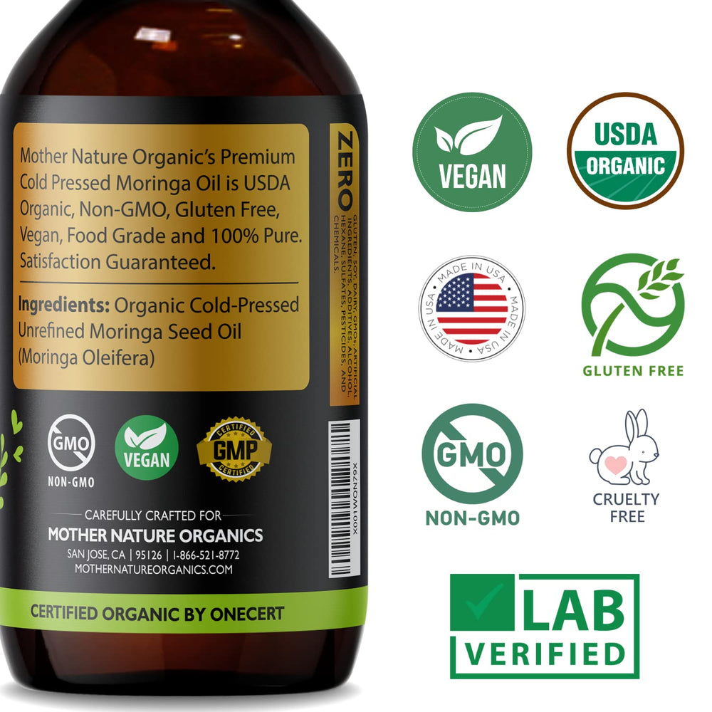 Mother Nature Organics moringa oil skincare routine image highlighting essential nutrients in bottle.