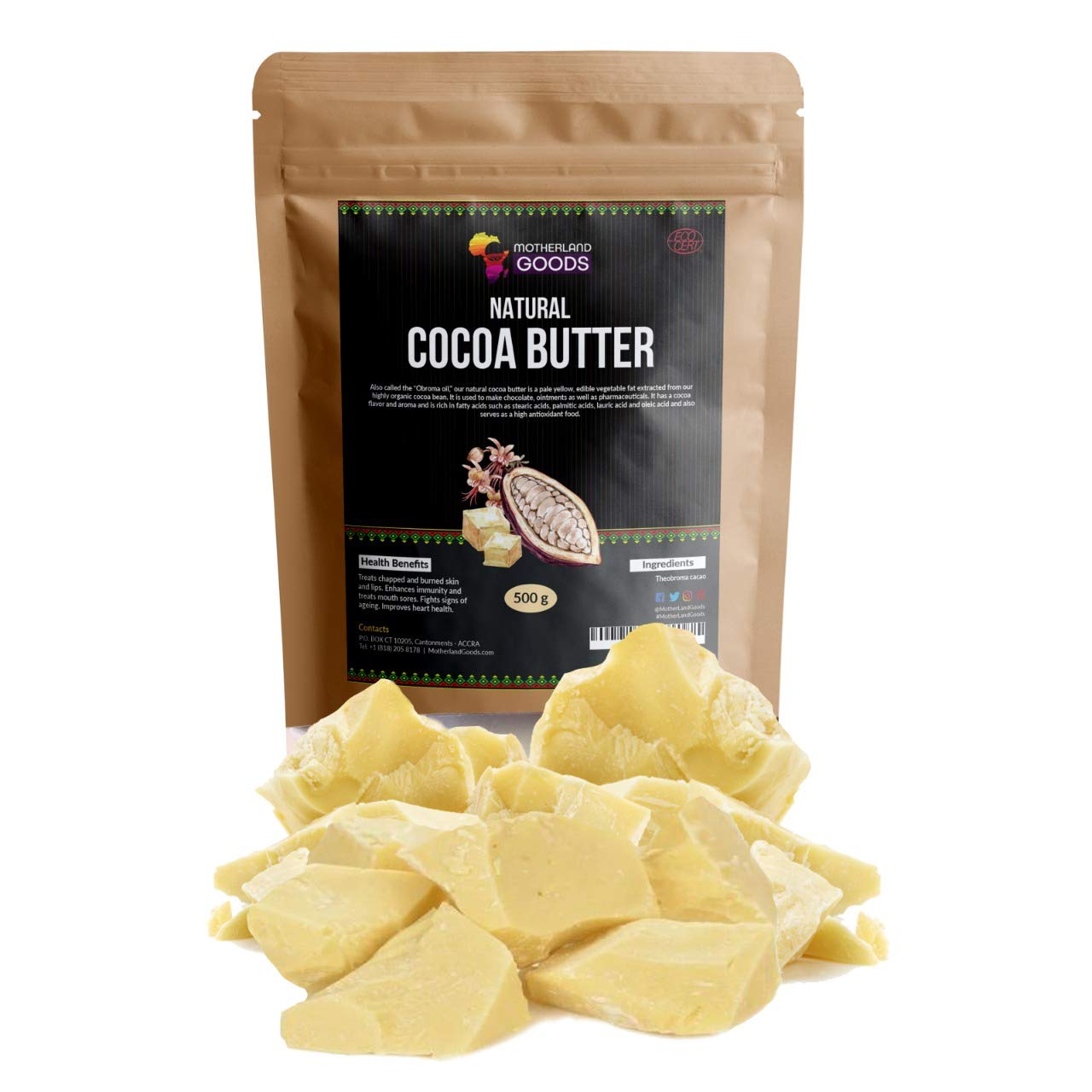 Motherland Goods cocoa butter chunks 8 oz packaging for moisturizing sensitive skin