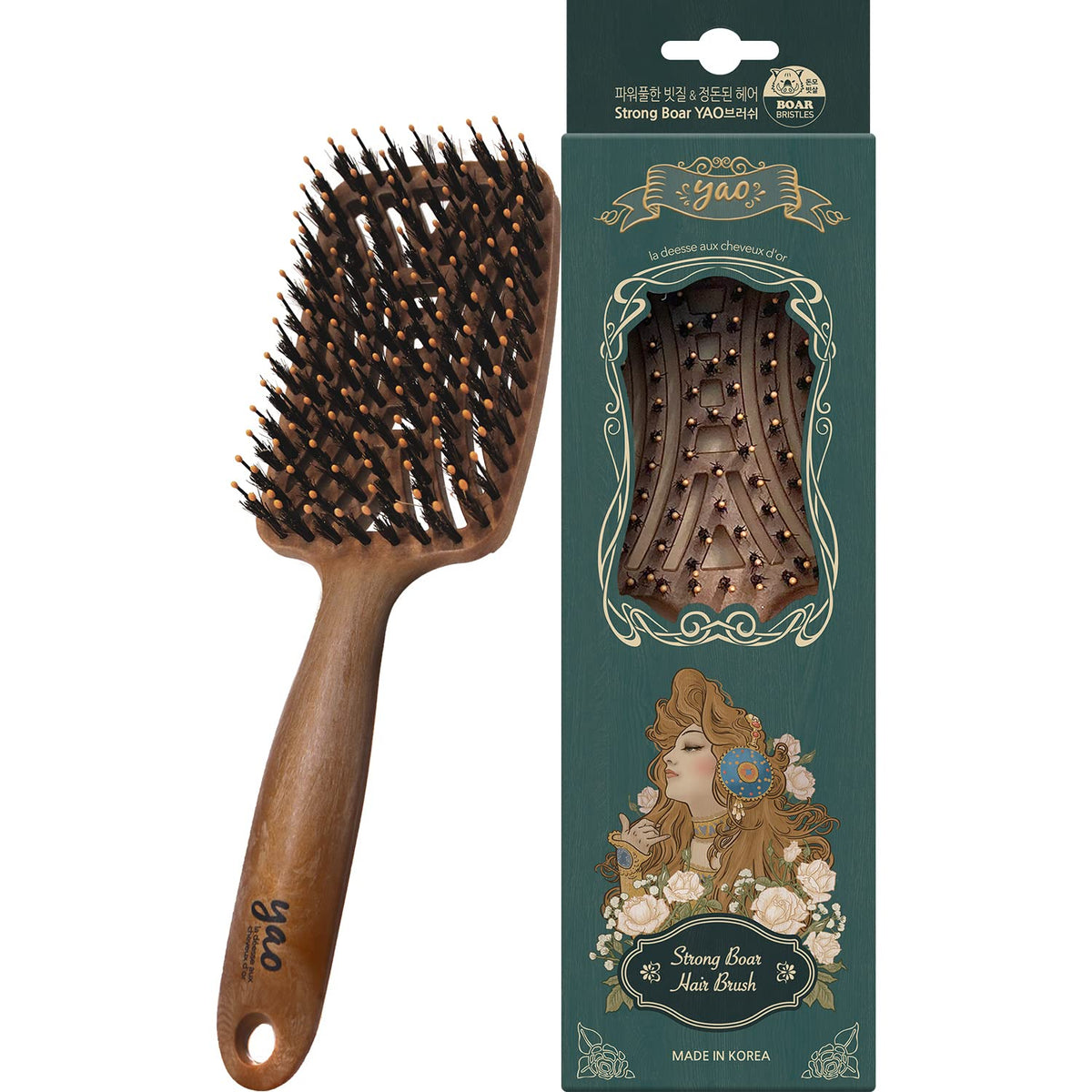 Mother's Corn Yao Boar Bristle Brush closeup highlights natural boar bristles for gentle detangling.