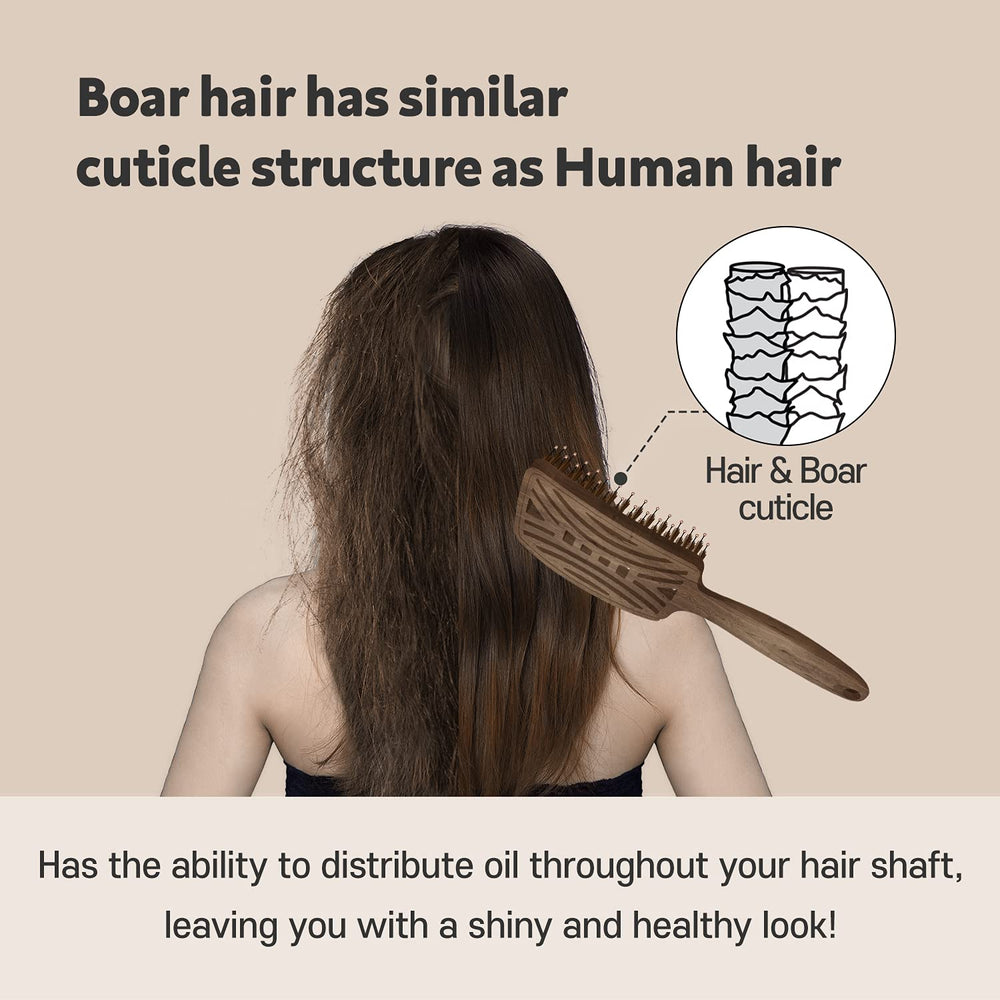Mother's Corn Yao Boar Bristle Brush natural shine with reduced frizz through regular brushing.