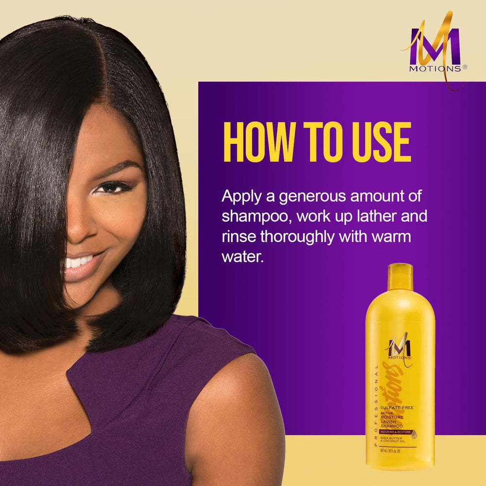 Motions Active Moisture Lavish Shampoo detangling shot indicates smoother combing after wash.