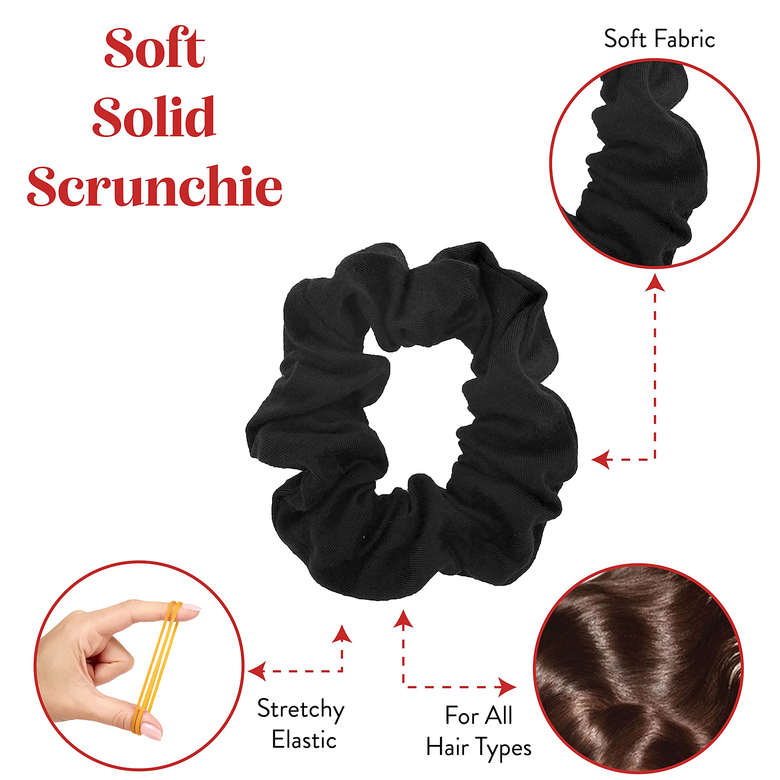 Motique solid scrunchies black on hand; comfortable grip for quick styling