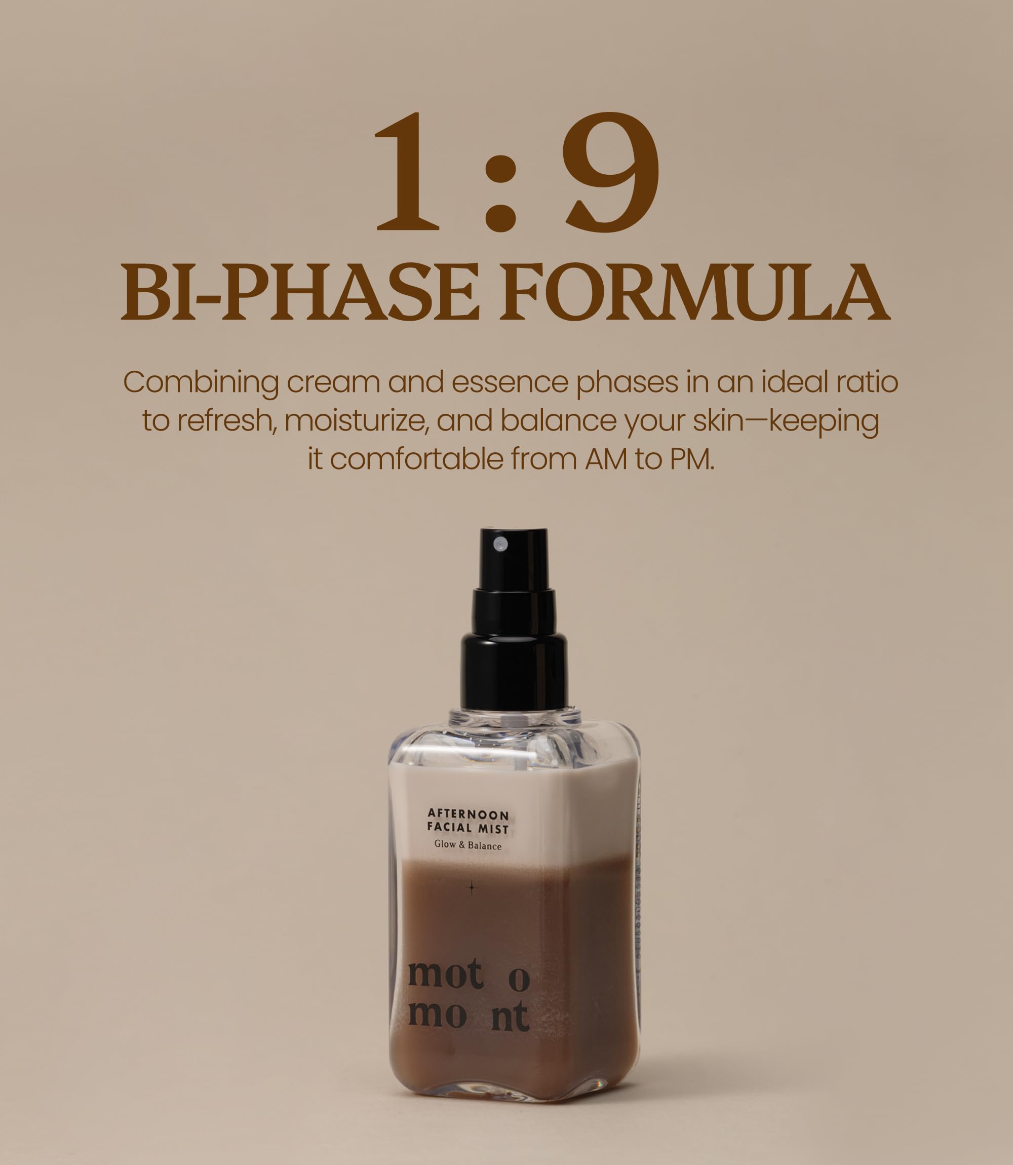 Cream-to-essence balance visual on Motomont Milk Tea Mists application scene.