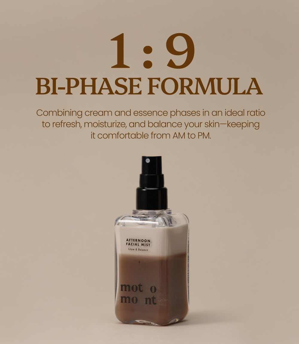 Cream-to-essence balance visual on Motomont Milk Tea Mists application scene.
