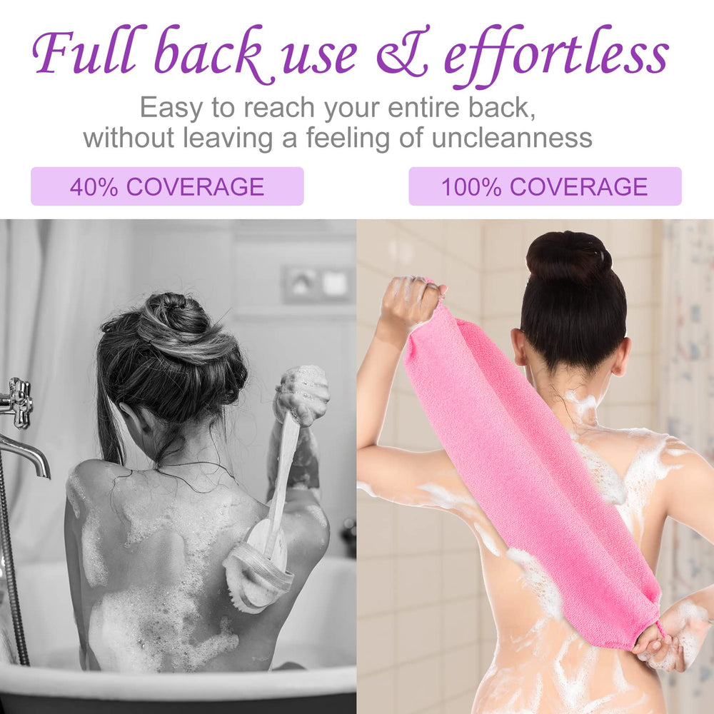 Moukeren back scrubber extended-length model reaches shoulders and lower back for thorough washing.
