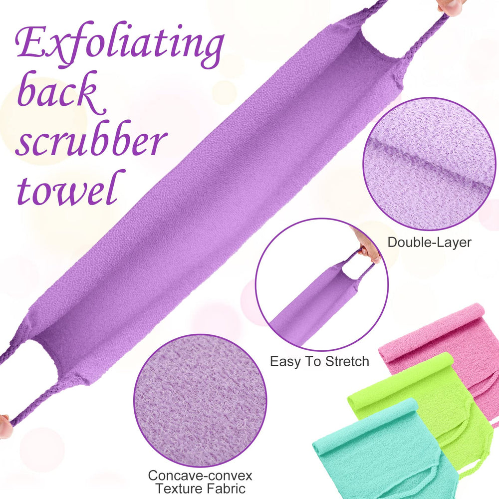 Moukeren back scrubber purple with extended reach targets the mid-back for even lather.