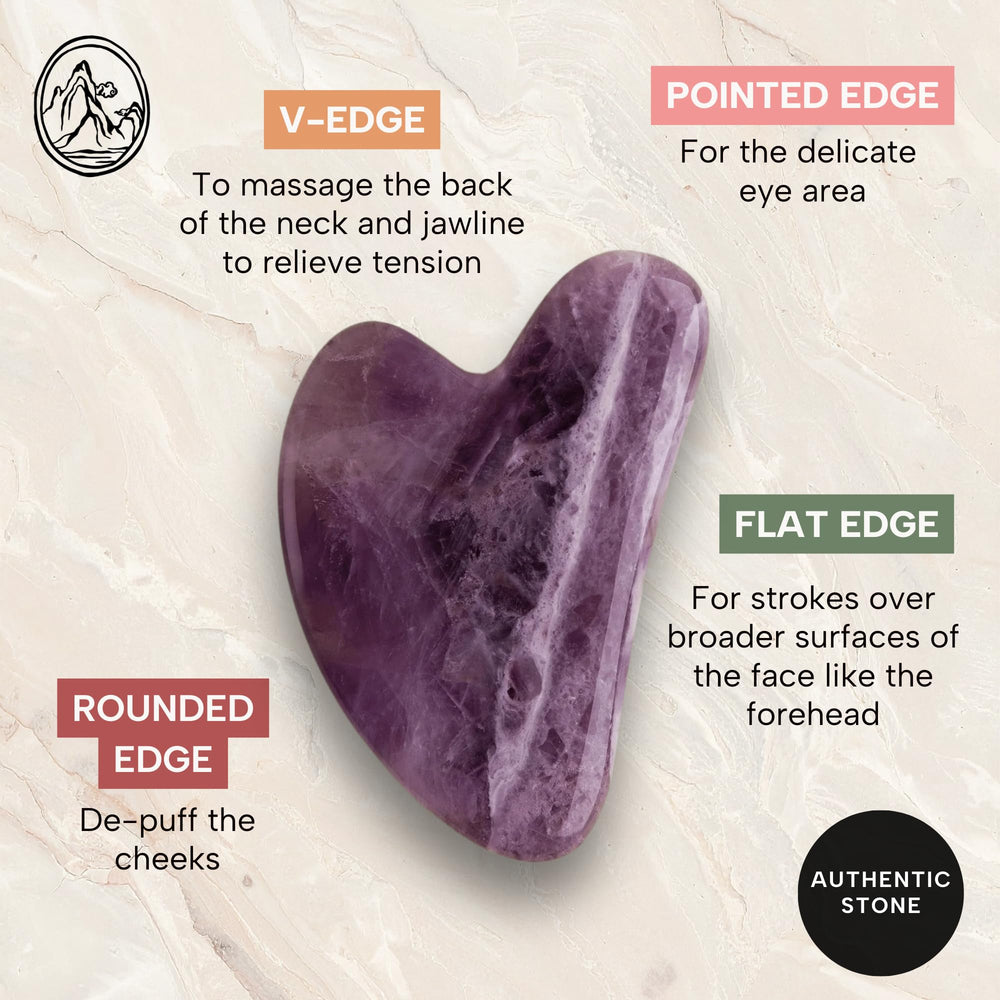 Mount Lai Amethyst Gua Sha along jawline supports tension release.