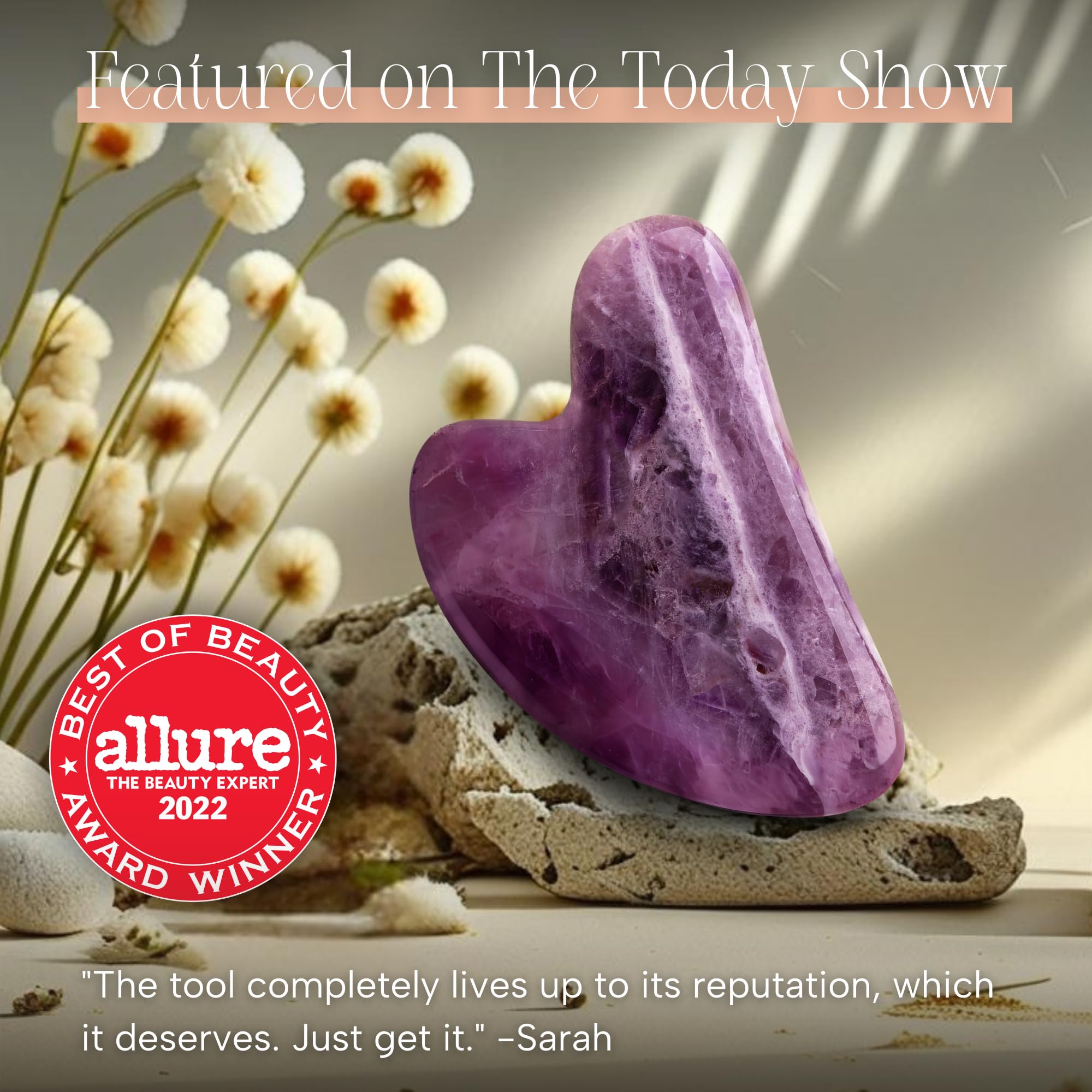 Mount Lai Amethyst Gua Sha under-eye area for puffiness reduction.
