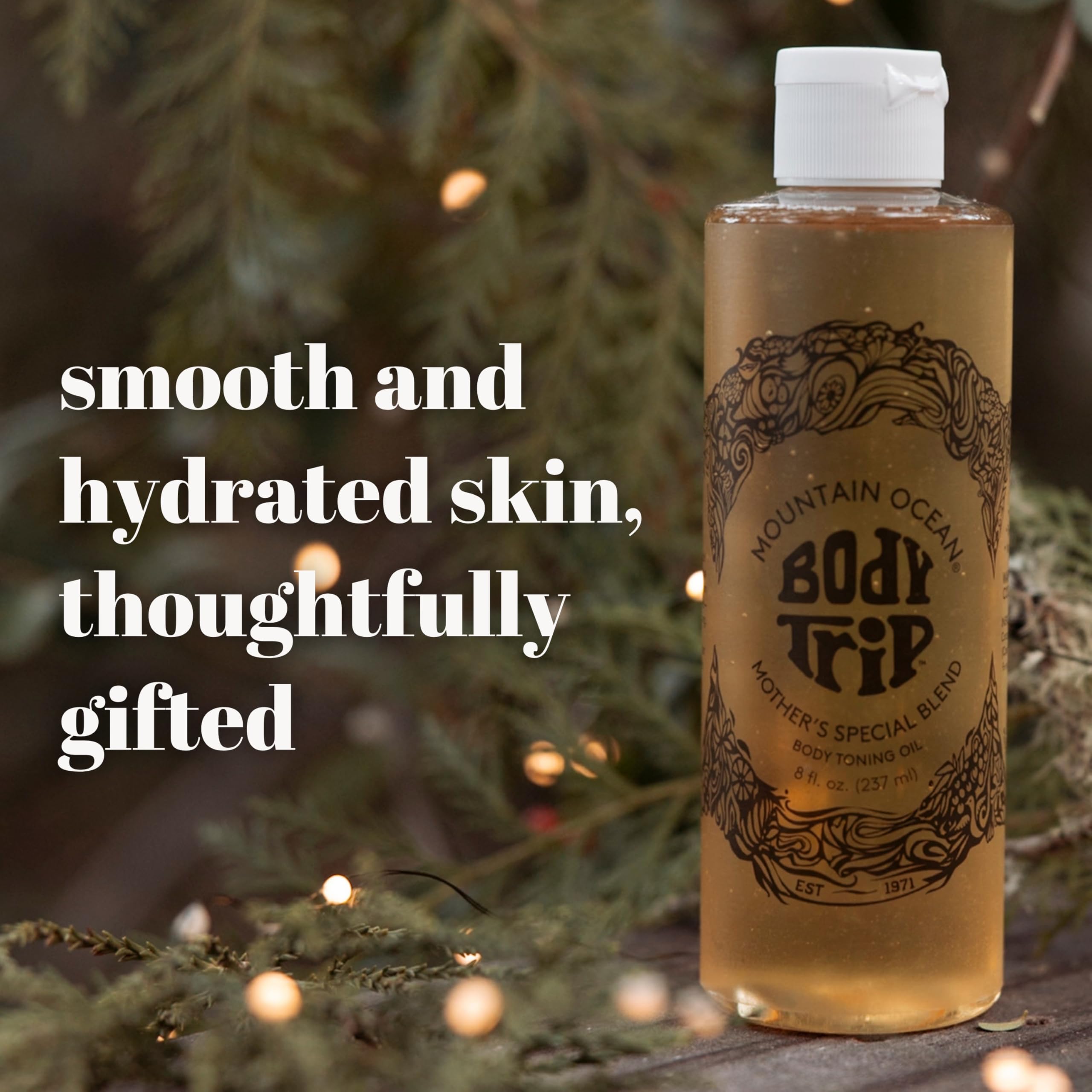 Mountain Ocean Body Trip coconut-oil image emphasizes hydration and silky feel.