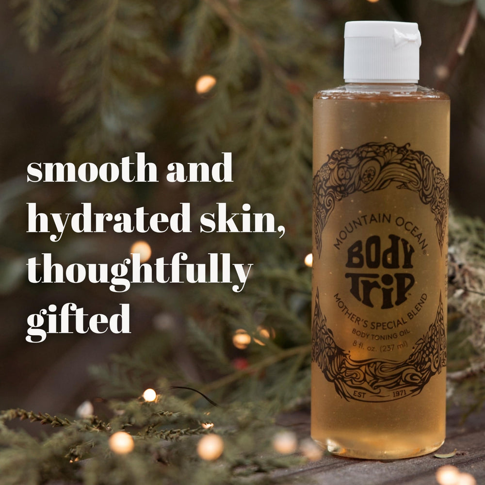Mountain Ocean Body Trip coconut-oil image emphasizes hydration and silky feel.
