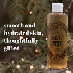 Mountain Ocean Body Trip coconut-oil image emphasizes hydration and silky feel.