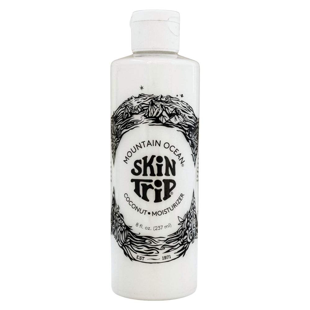 Mountain Ocean Skin Trip coconut body lotion bottle promotes quick absorption for daily hydration.