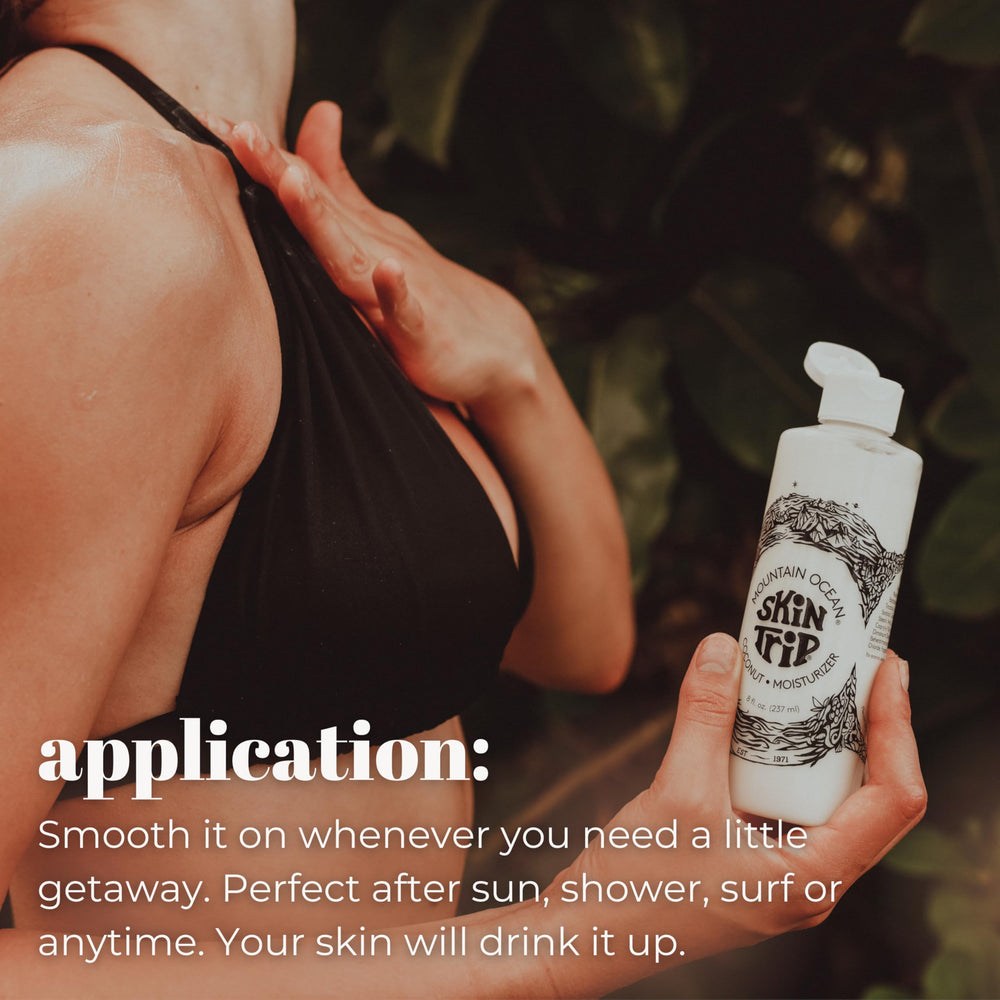 Mountain Ocean Skin Trip coconut body lotion skin-application shot shows quick absorption