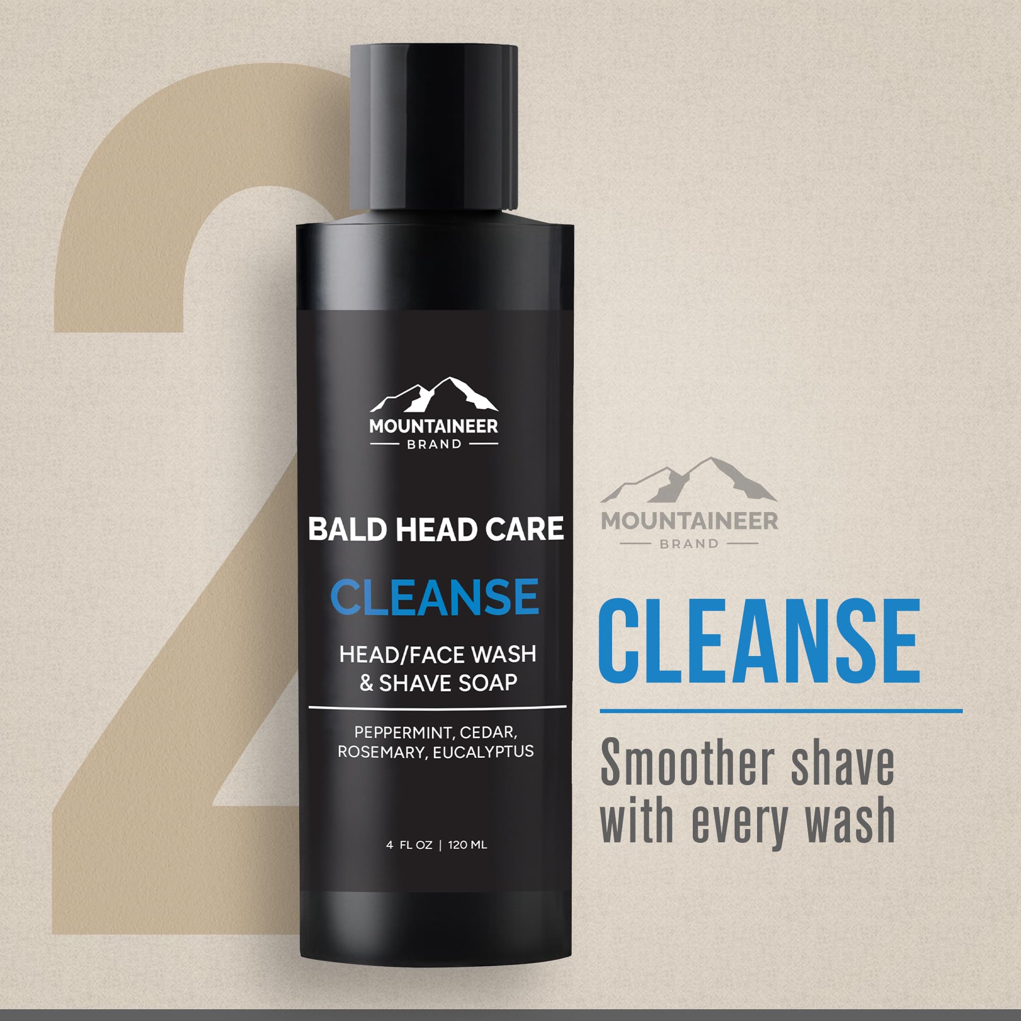 Mountaineer Brand Bald Head Cleanse foam demonstrates gentle daily cleansing.