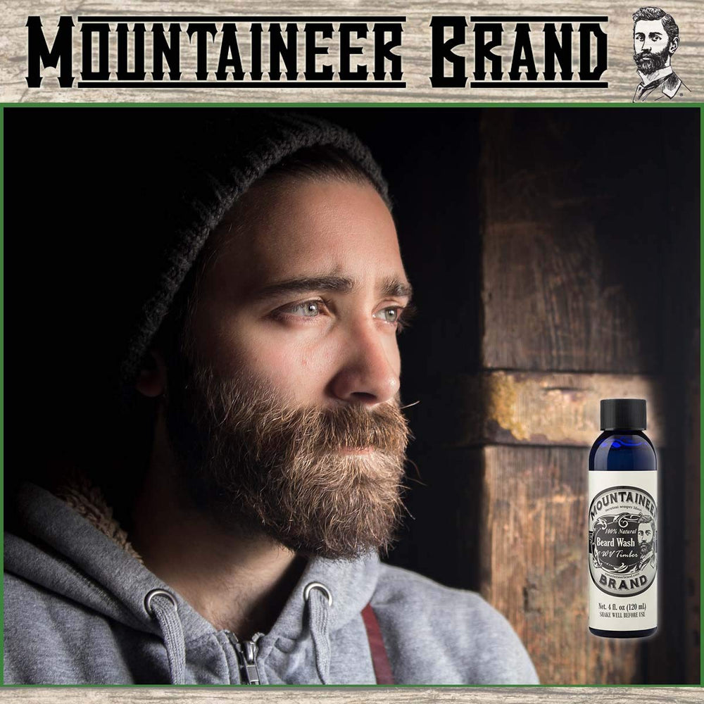 Mountaineer Brand Beard Wash forest-scent packaging highlights natural ingredients