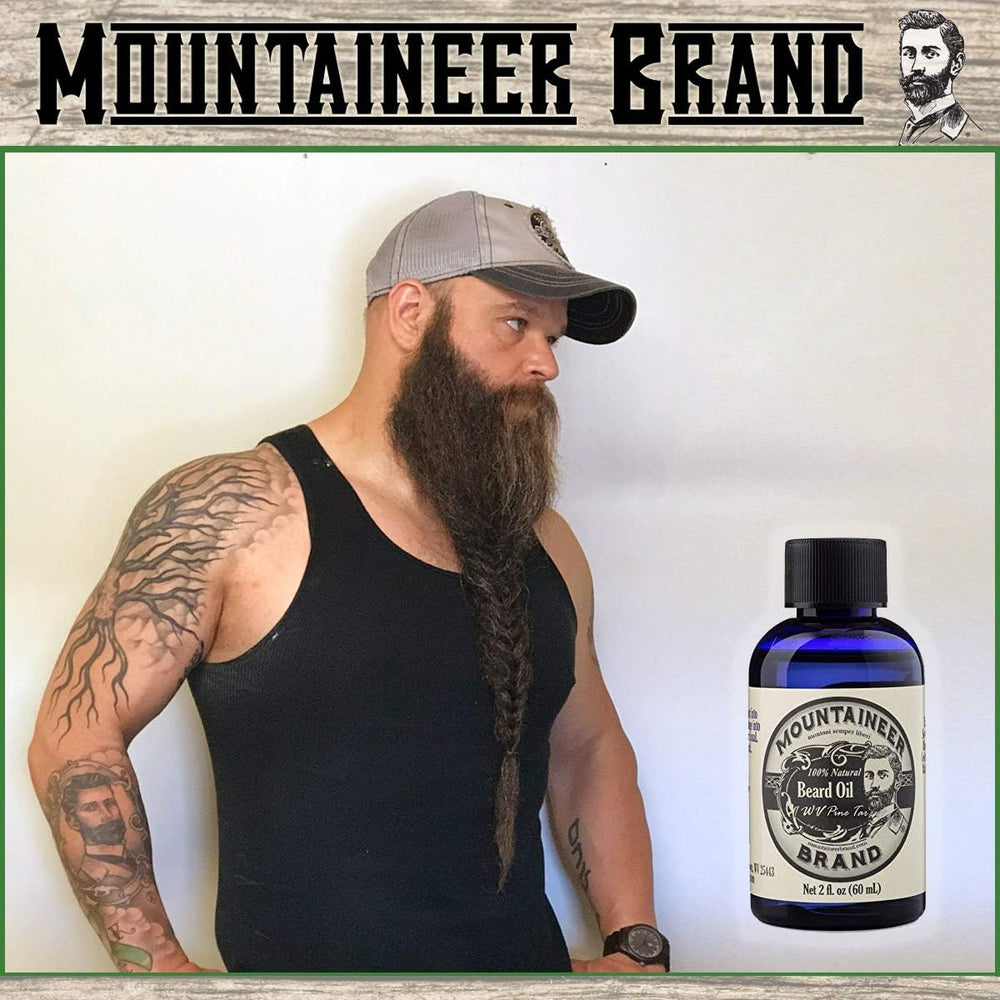 Mountaineer Brand close-up shows moisturized beard hair texture.