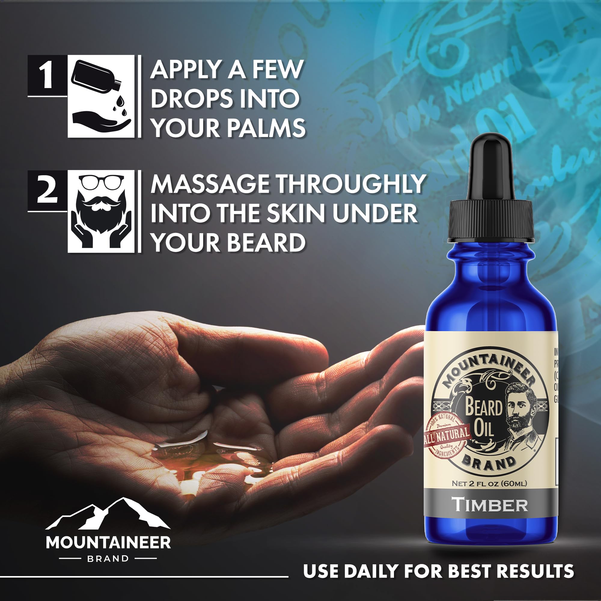 Mountaineer Brand natural beard oil ingredients label highlighting a 100% natural formula.