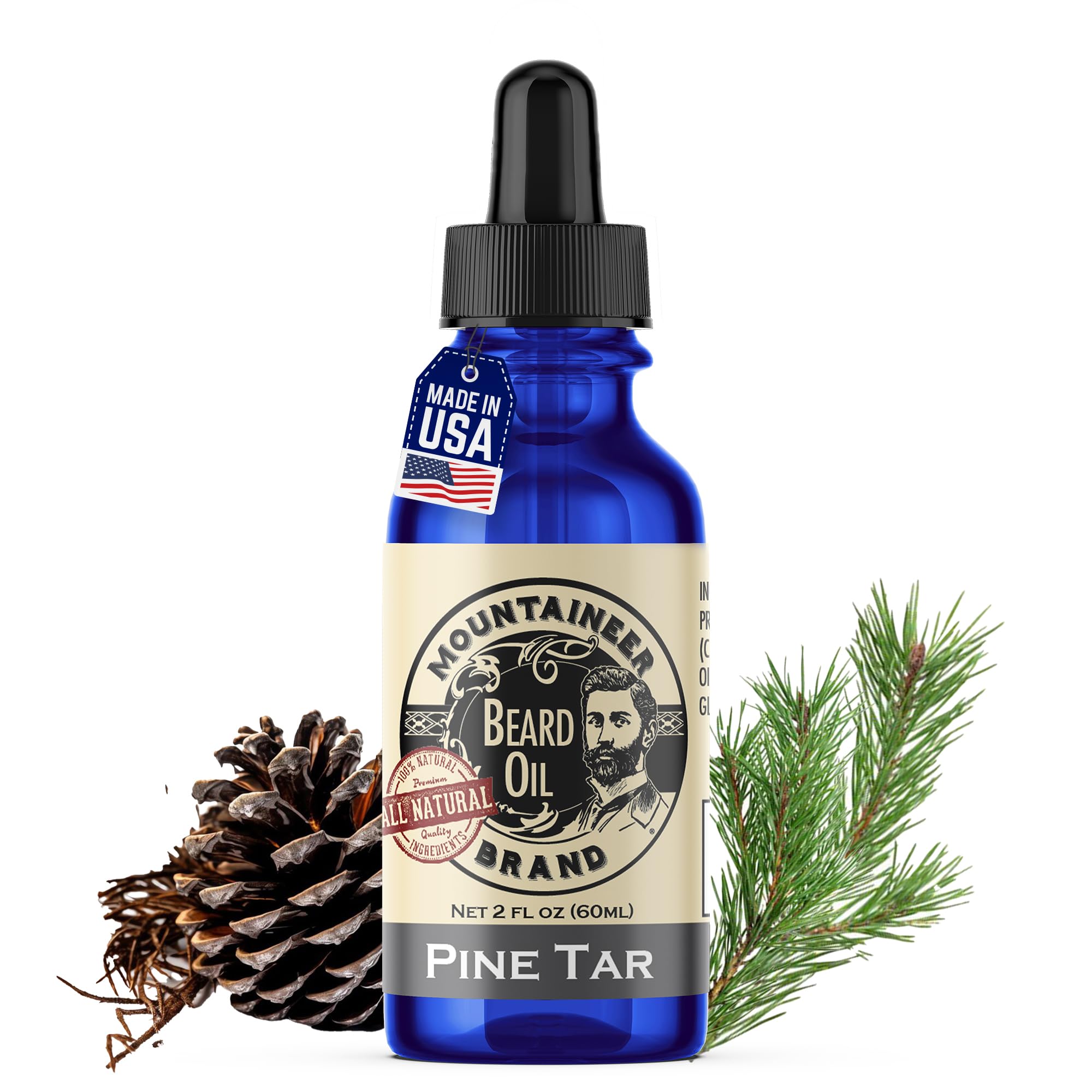 Mountaineer Brand natural beard oil pine tar bottle for hydrated facial hair.