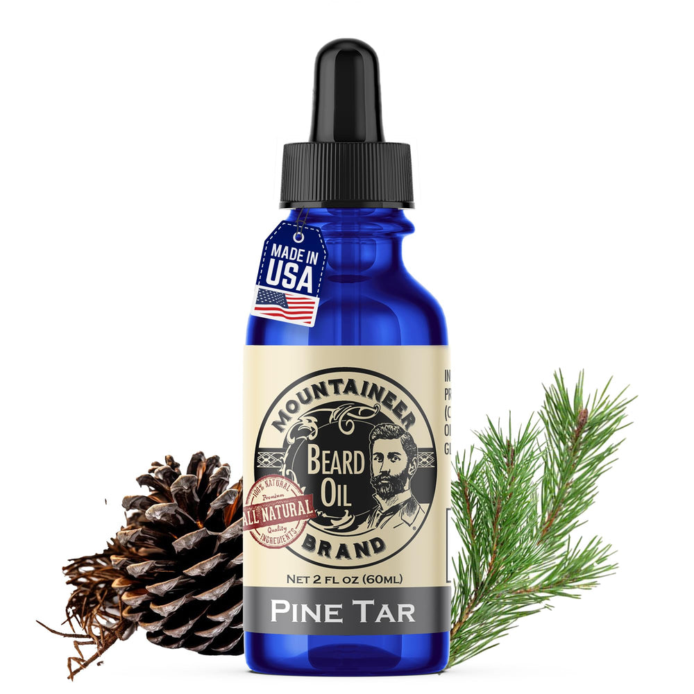 Mountaineer Brand natural beard oil pine tar bottle for hydrated facial hair.