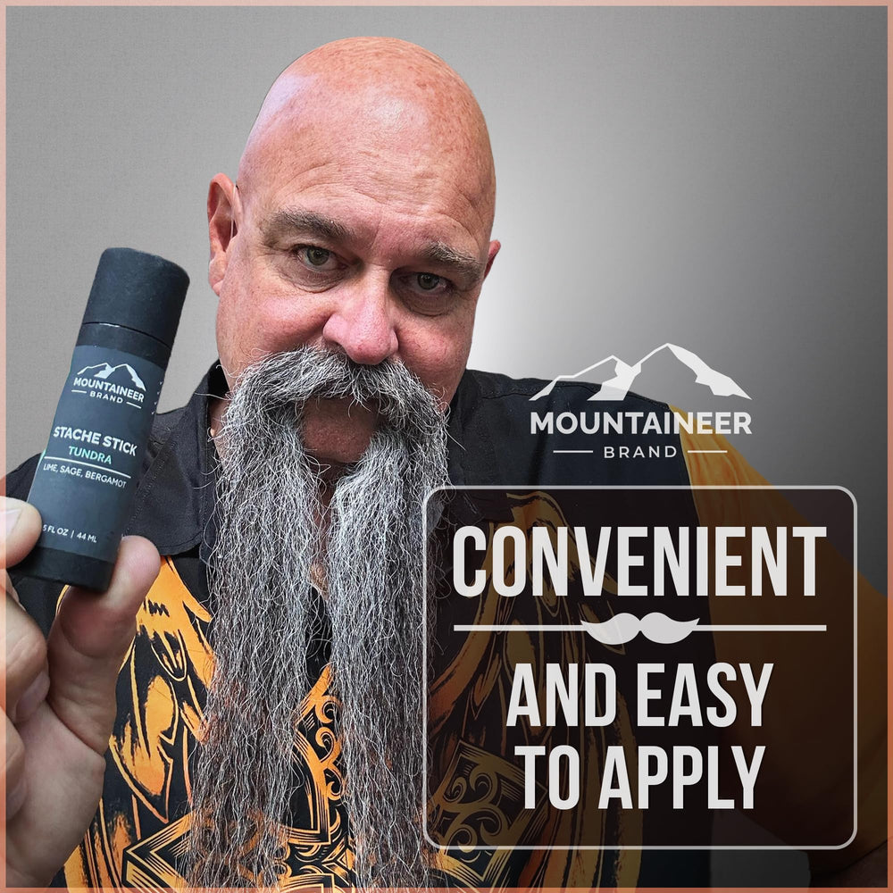 Beard and moustache grooming with Mountaineer Brand Stache Stick.