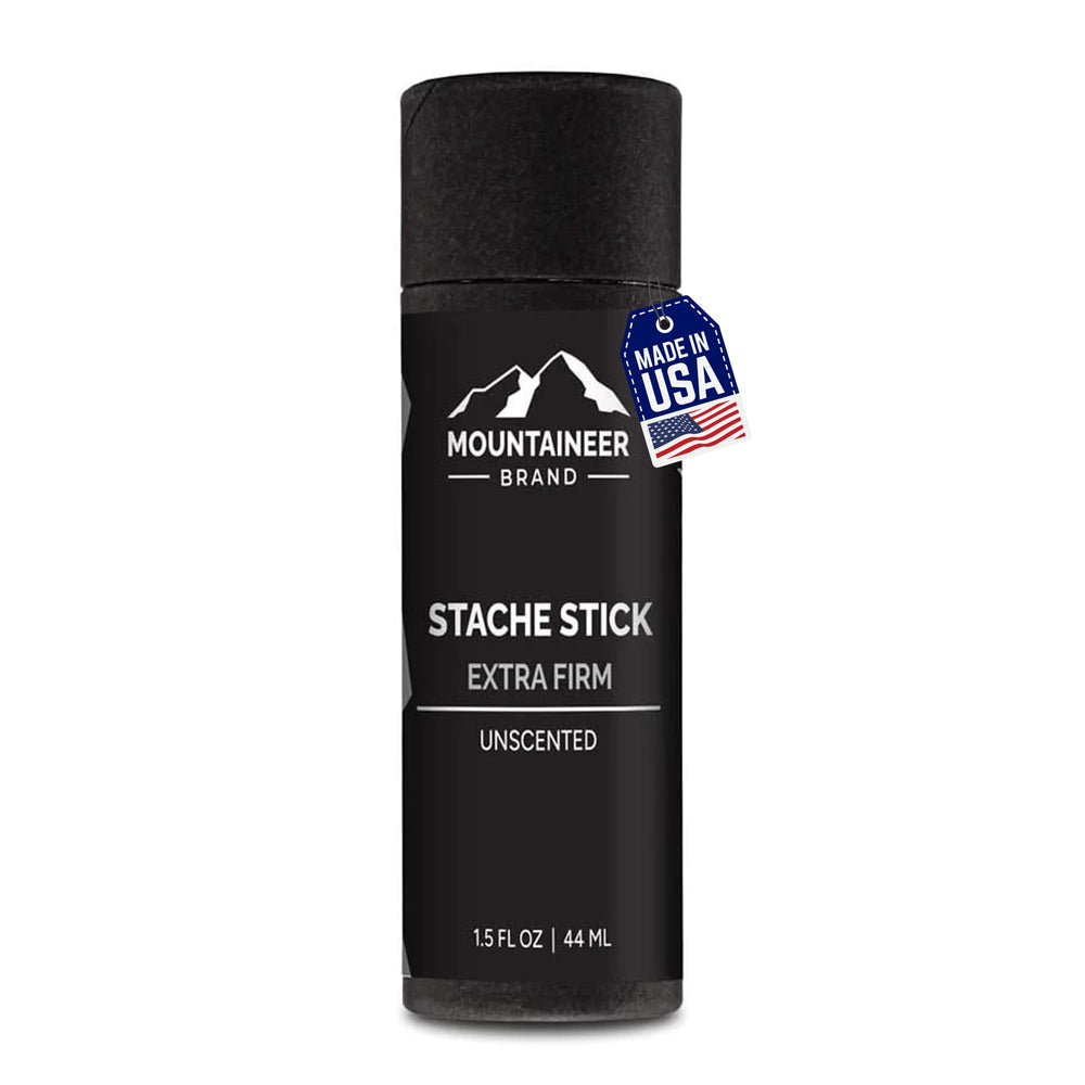 Mountaineer Brand Stache Stick packaging showcases natural ingredients for easy grooming on the go.
