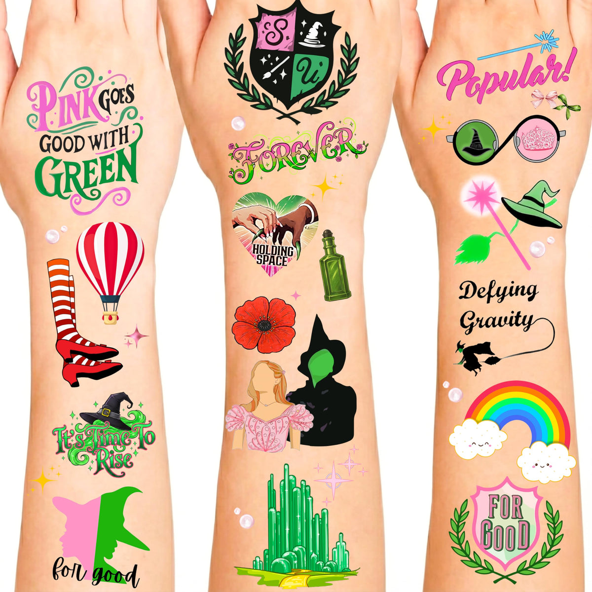 Movie Witch Tattoos package includes four sheets of designs for party fun