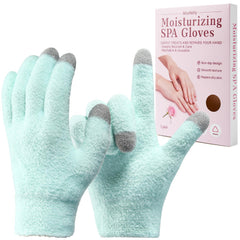 MoyRetty touchscreen silicone moisturizing gloves green close-up showing velour interior for overnight hydration.
