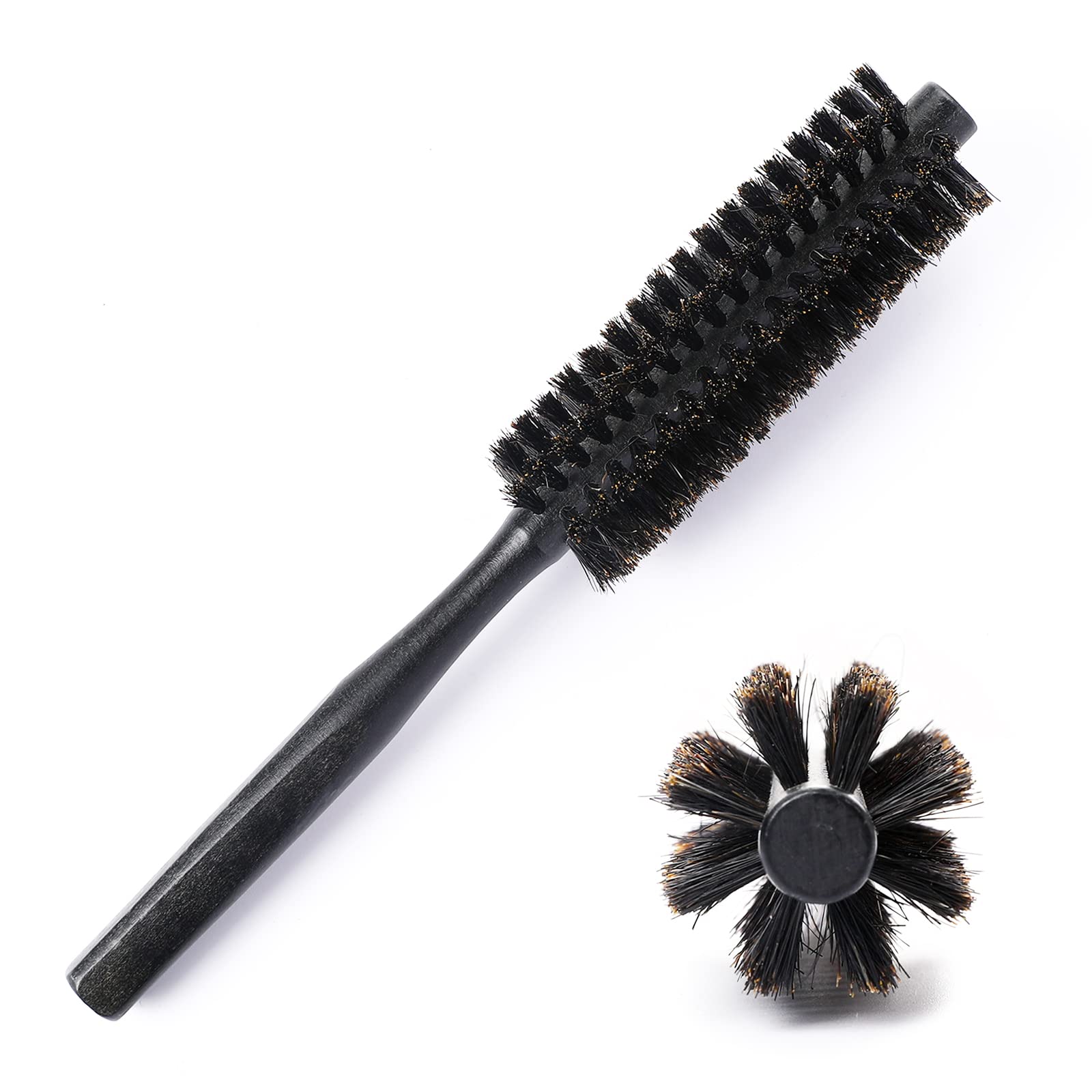 Mozeat Lens boar bristle round hair brush with black wood handle for smooth detangling.