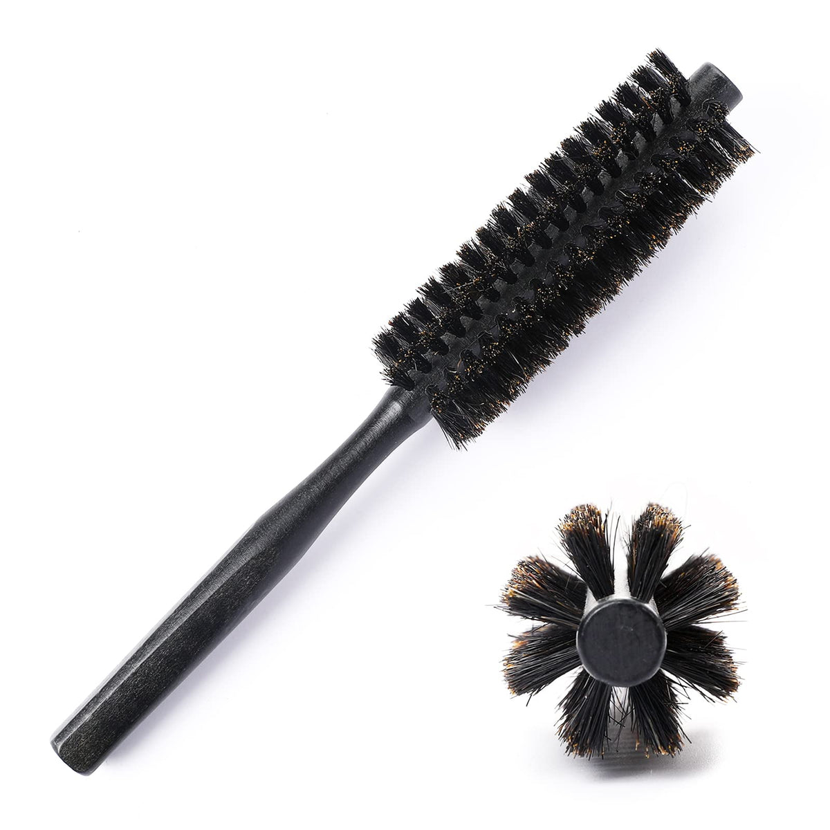 Mozeat Lens boar bristle round hair brush with black wood handle for smooth detangling.