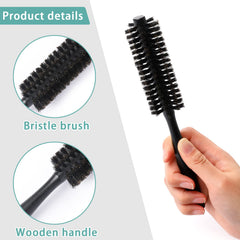Mozeat Lens boar bristle brush wooden handle side view emphasizes comfortable grip.
