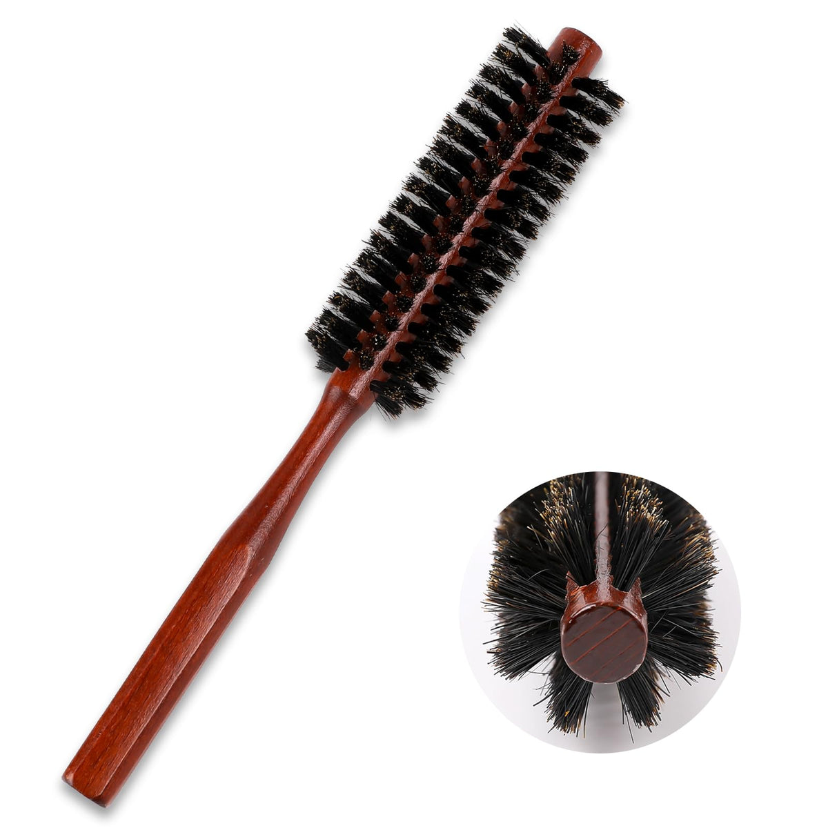 Mozeat Lens small boar bristle brush with round wood handle ideal for on the go styling