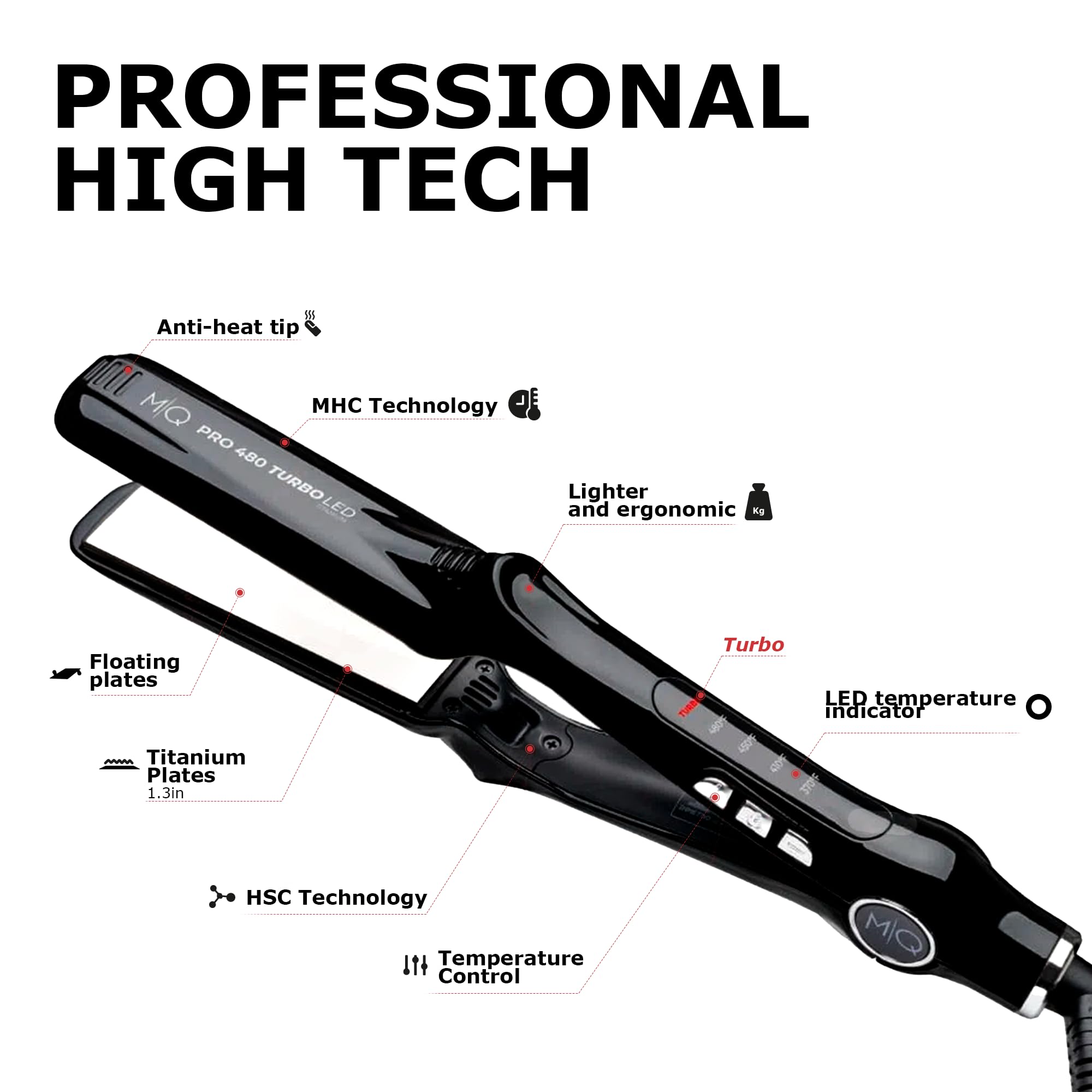 MQ Professional flat iron 485°F turbo mode display shows fast heat recovery