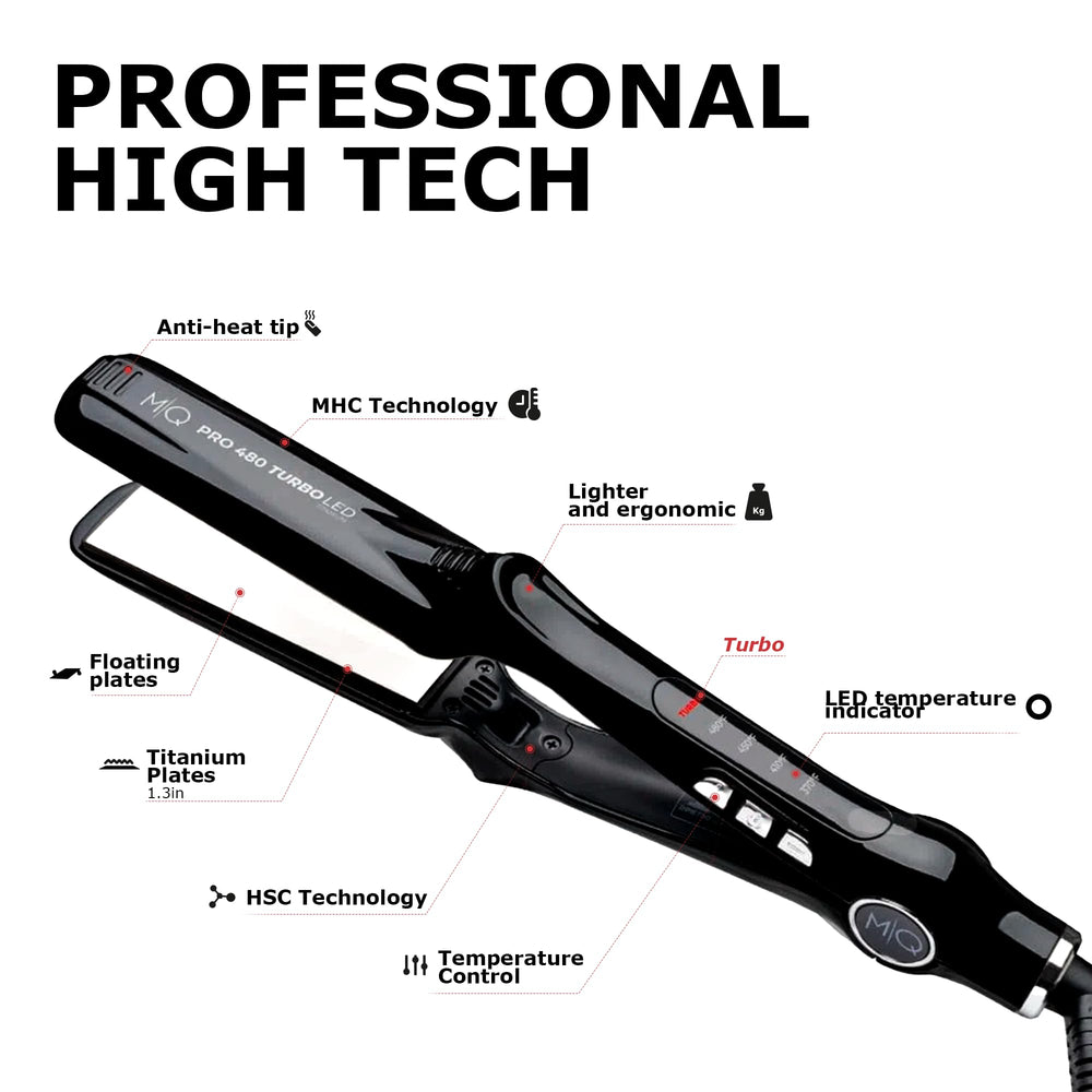 MQ Professional flat iron 485°F turbo mode display shows fast heat recovery