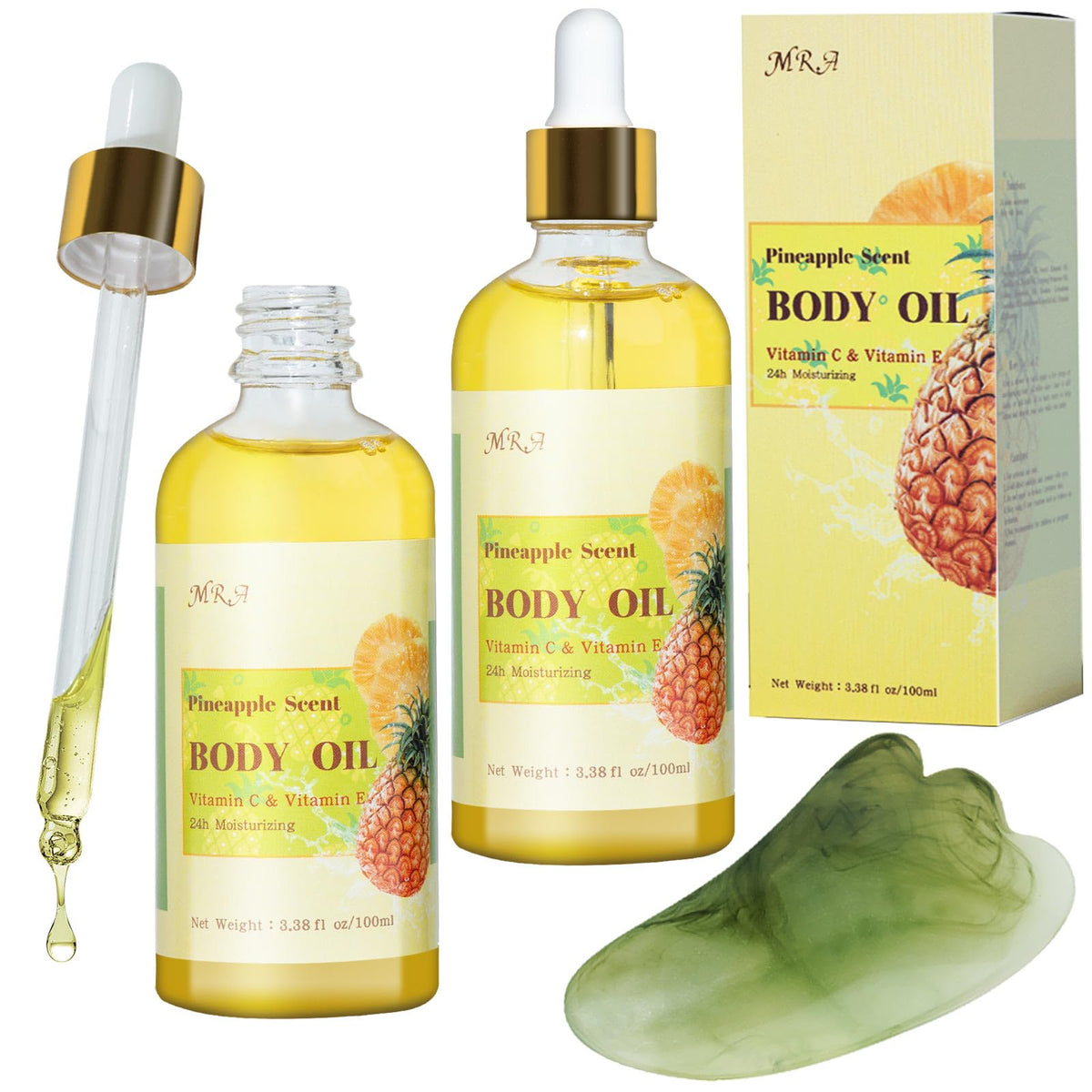 MR.A pineapple juice scented oil bottle shows hydrating, non-greasy finish