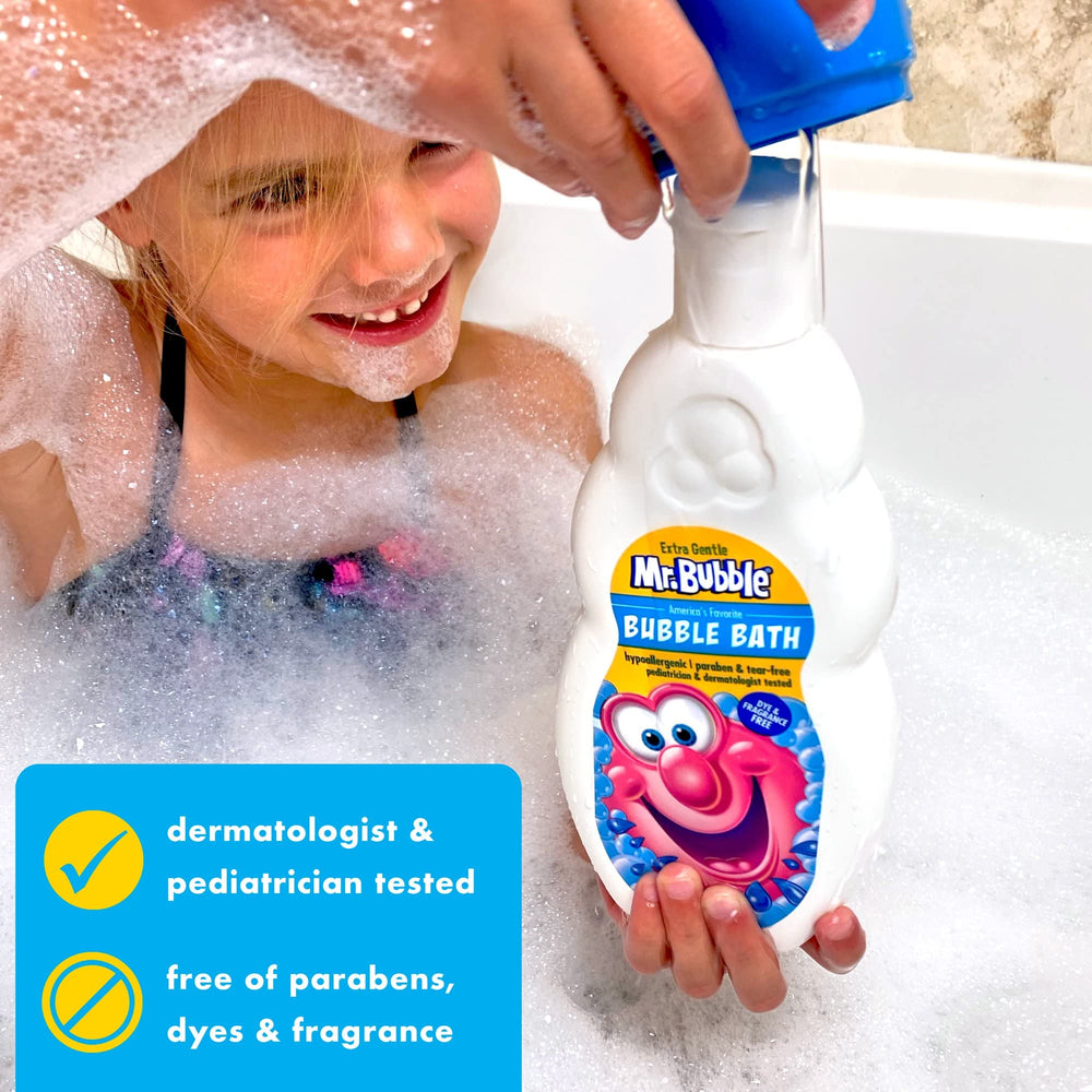 Mr. Bubble Baño Extra Suave, enjuague rápido y piel suave tras el baño.