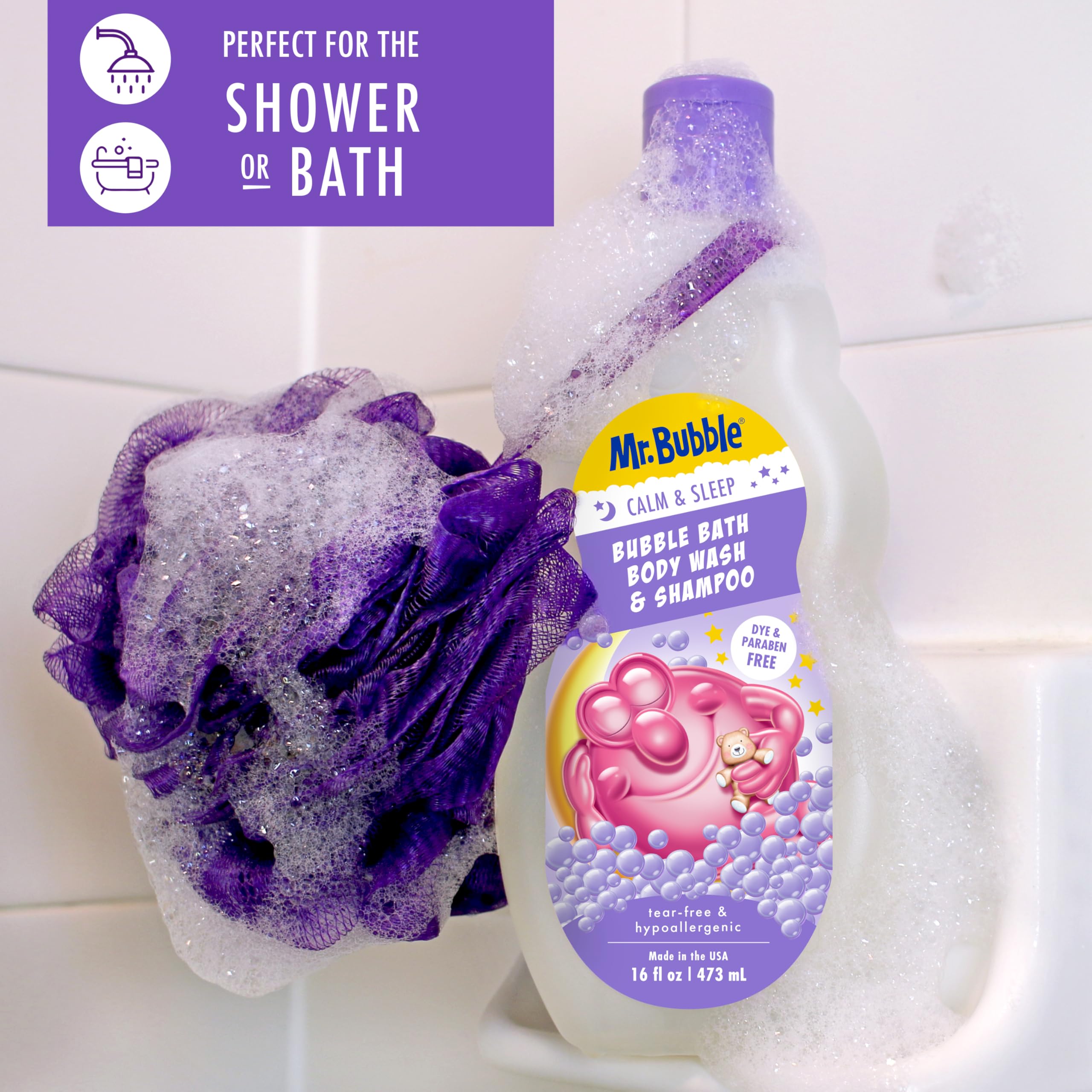 Mr. Bubble Calm Sleep 3in1 body wash and shampoo lather for bedtime routine