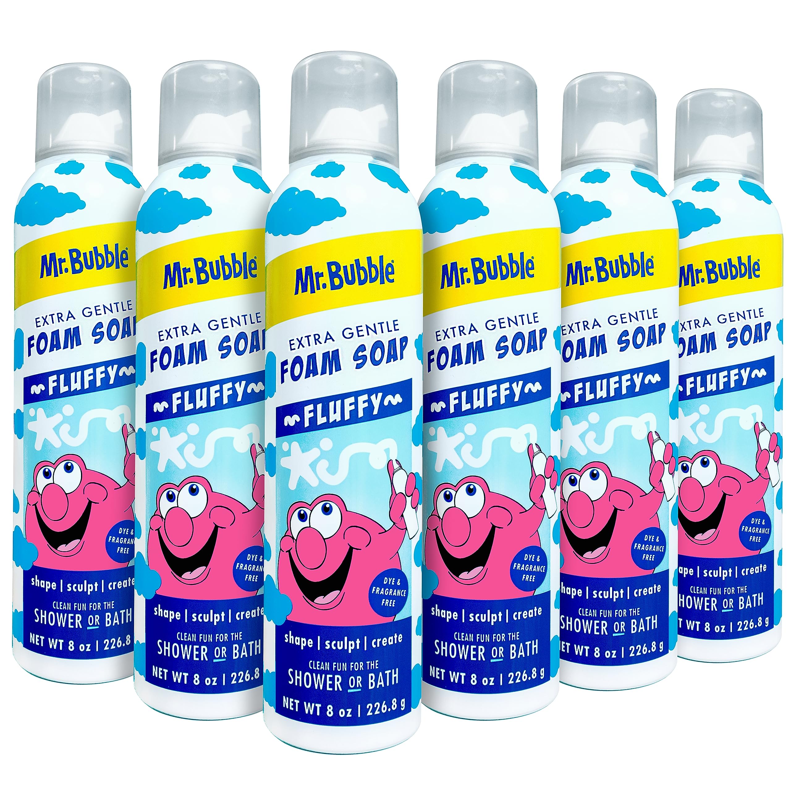 Mr. Bubble Extra Gentle Foam Soap bottle pour provides fragrance-free, kid-safe bath lather.