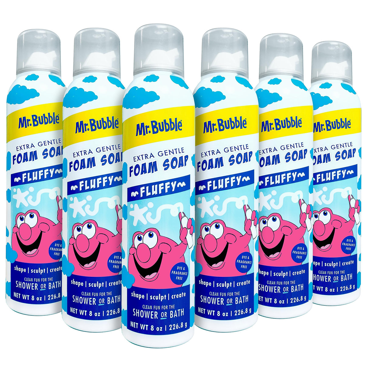 Mr. Bubble Extra Gentle Foam Soap bottle pour provides fragrance-free, kid-safe bath lather.