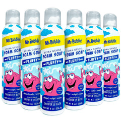 Mr. Bubble Extra Gentle Foam Soap bottle pour provides fragrance-free, kid-safe bath lather.