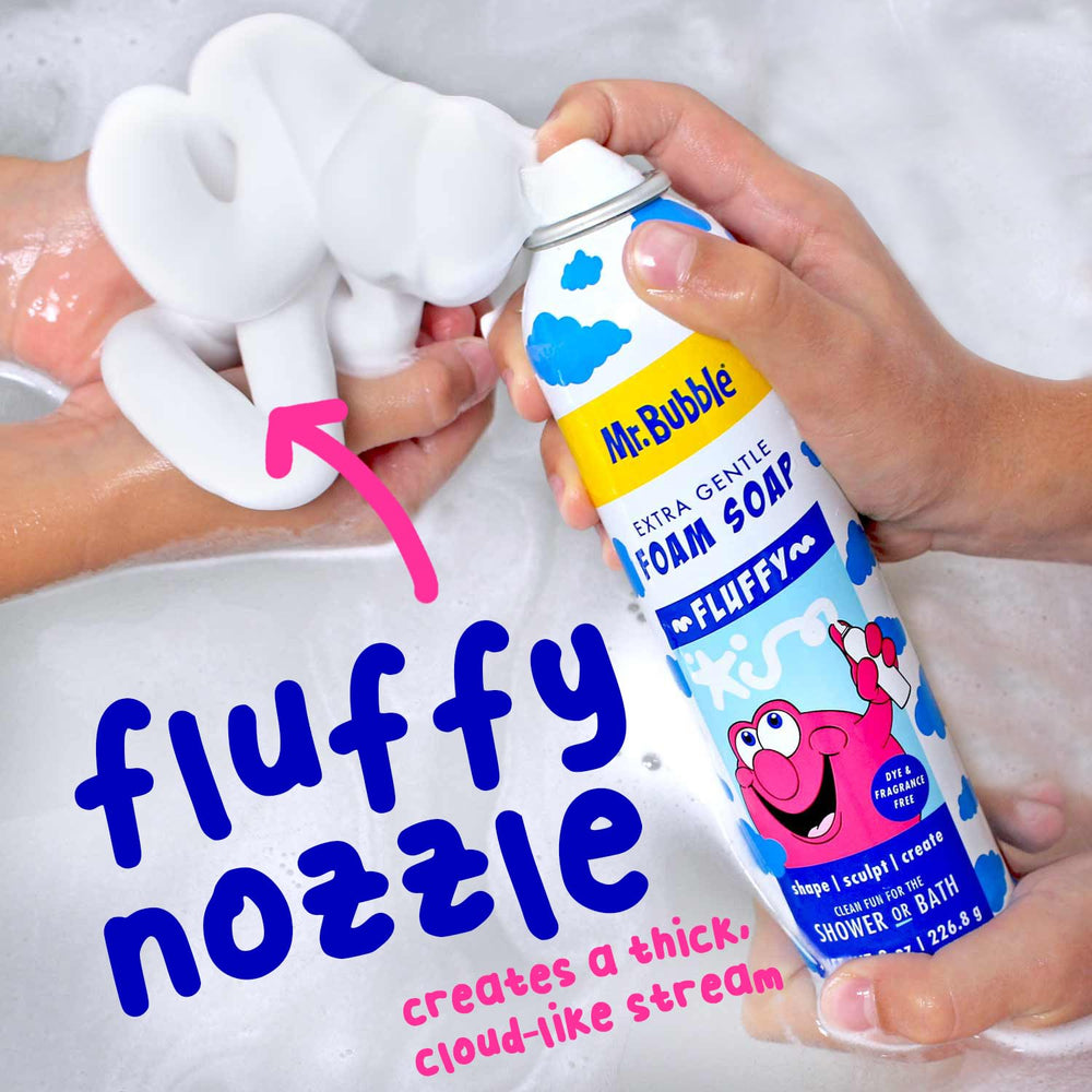 Mr. Bubble foam soap—fluffy foam texture for fun hand washing and imaginative play.
