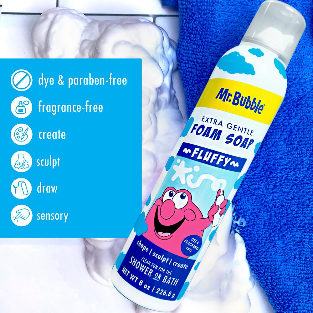 Mr. Bubble foam nozzle creates easy, mess-minimizing squirts for creative play.